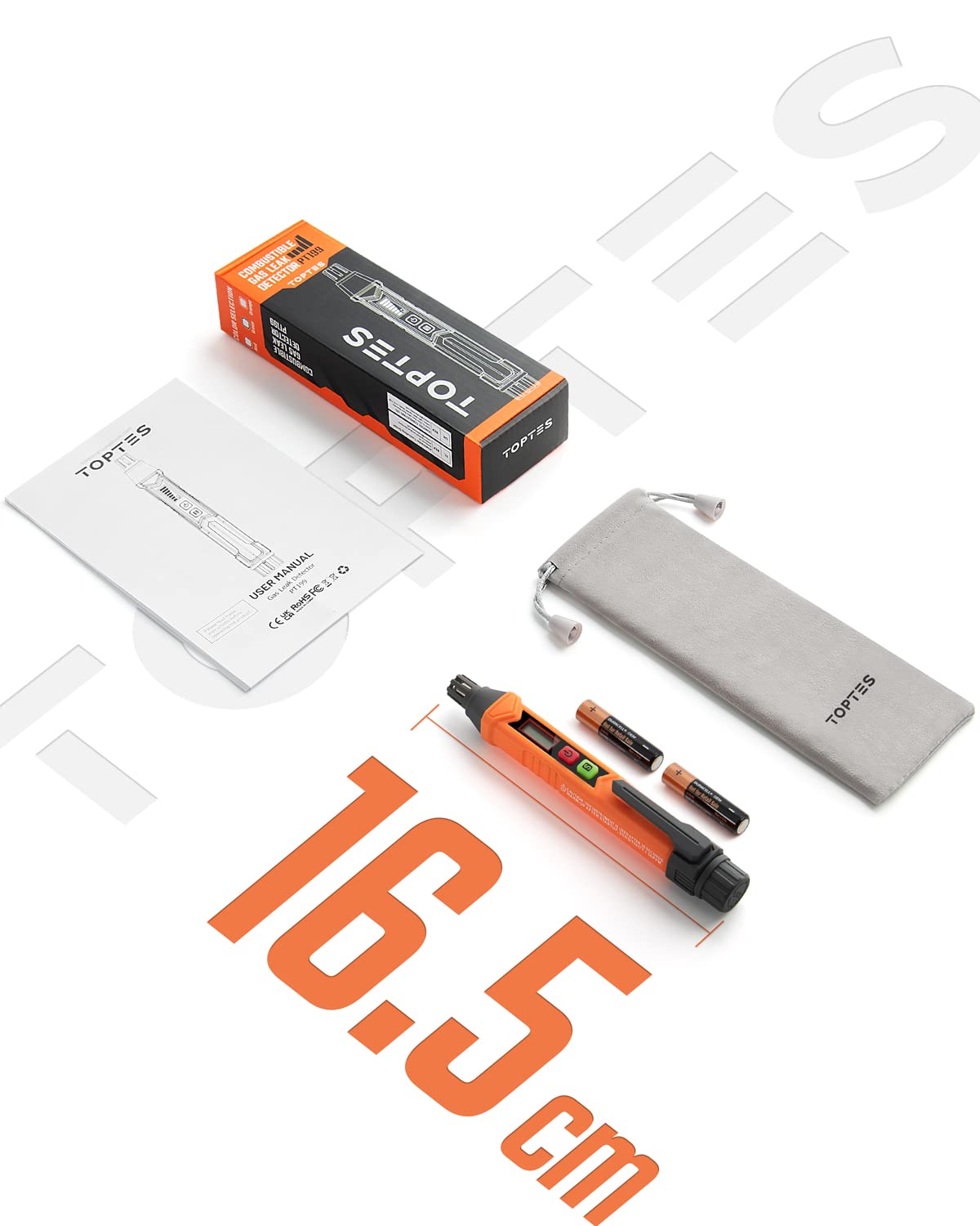TopTes PT199 Natural Gas Leak Detector with Audible & Visual Alarm, Portable Gas Sniffer to Locate Combustible Sources Like Methane, Propane for Home(Includes Battery x2)-Orange