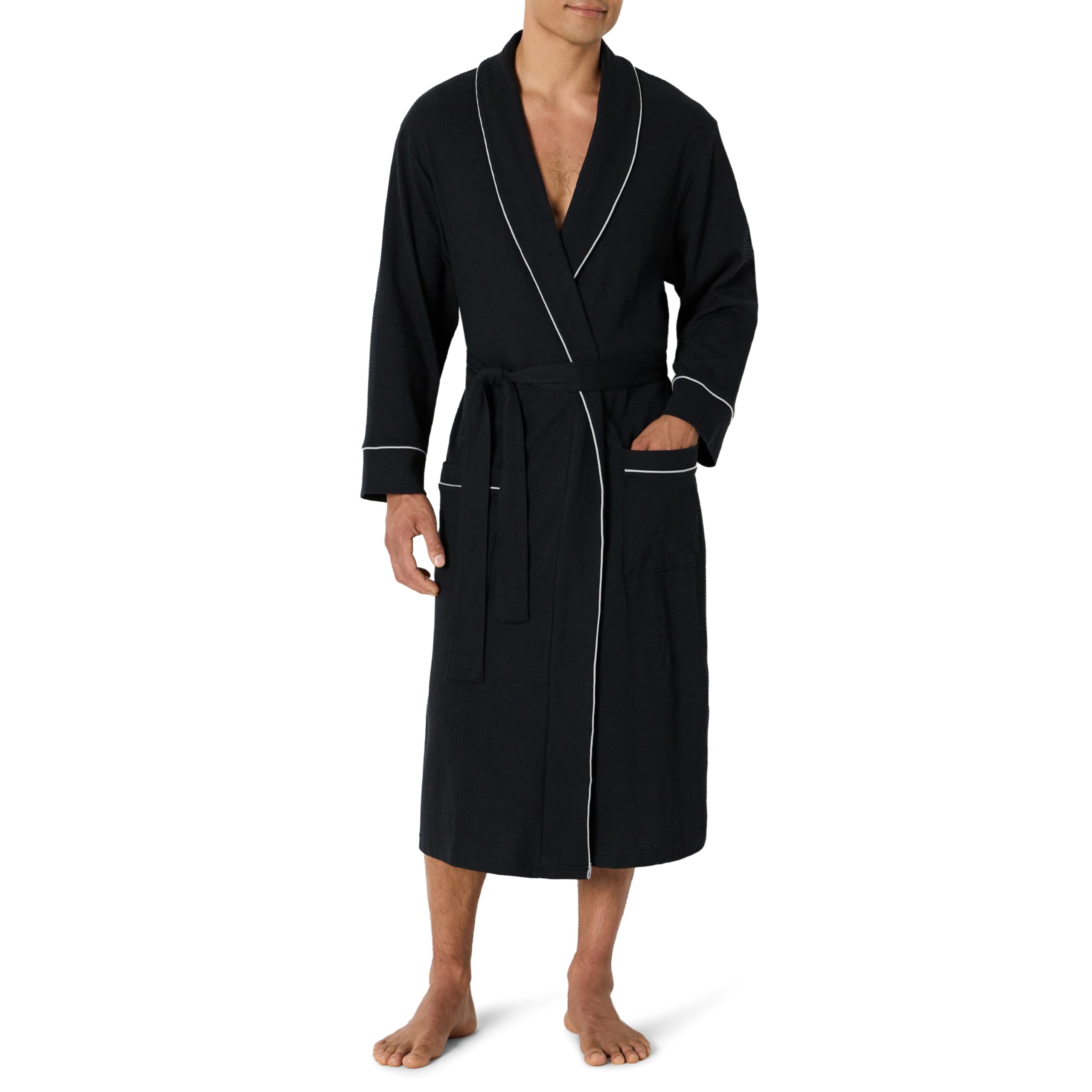 Amazon Essentials Herren leichter Waffel-Bademantel (auch in großen Größen erhältlich), Schwarz, Mittel-Groß