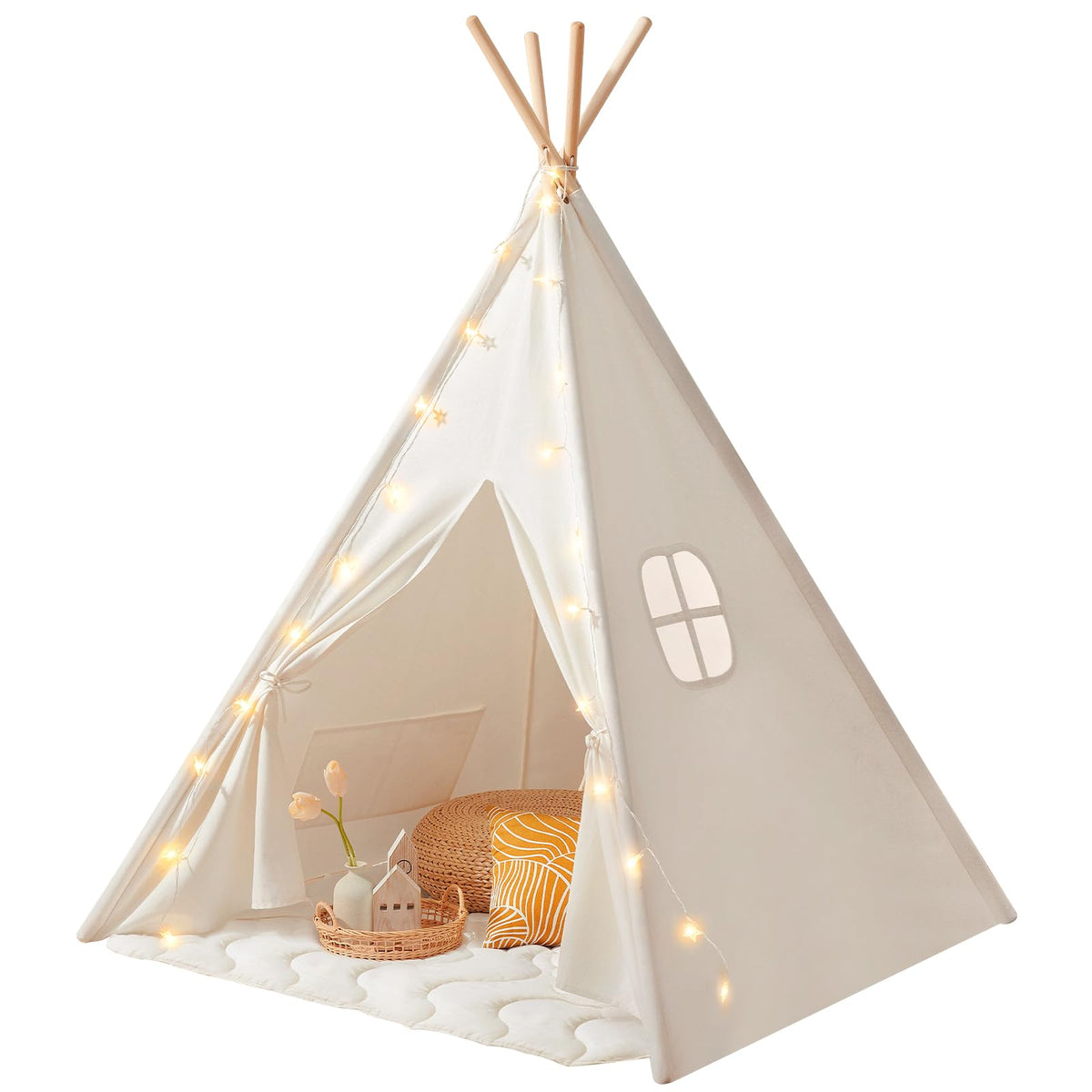 Tiny Land Tipi Zelt für Kinder – 100 % Baumwoll-Spielzelt mit gepolsterter Matte & Sternenlichtern, faltbar mit Tragetasche, Indoor-Spielzelt für Mädchen & Jungen