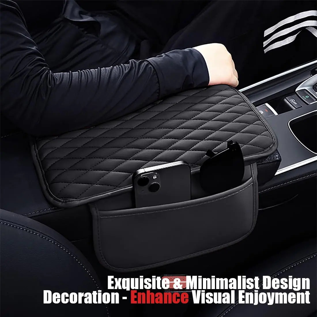 ESKONKE [Upgraded] Car Center Console Cover with 2 Storage Bags - Premium Nappa Leather Armrest Cover, Scratch & Wear Resistant, Waterproof Car Interior Accessories (Classic - Black)