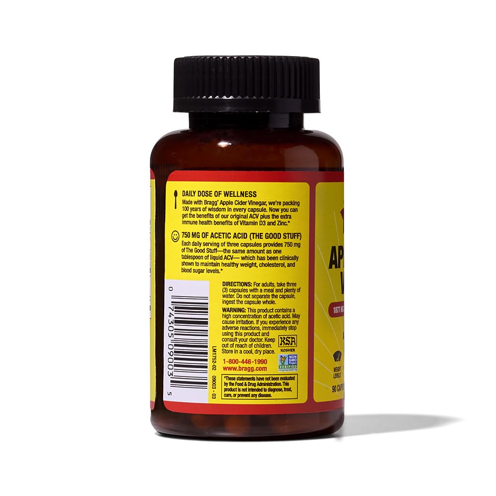 Bragg Apple Cider Vinegar Capsules with Vitamin D and Zinc - 90 Capsules - Supports The Immune System