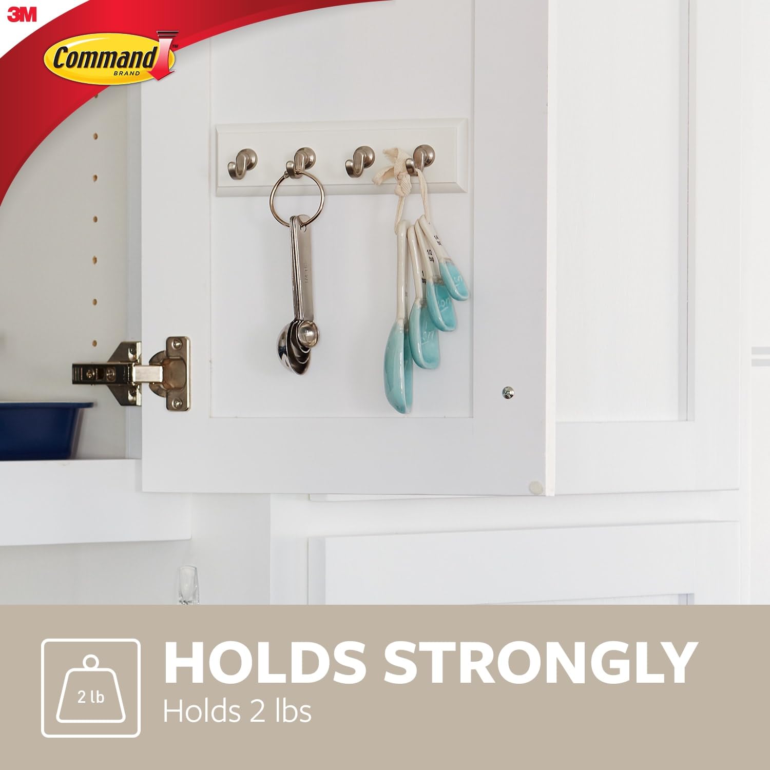 Command Key Rail, Holds up to 2 lb, 8-inch Rail with 4 Key Hooks and 6 Command Strips, Quartz, Removable Key Hooks for Entryway or Hallway, Hang Keys, Hats, Dog Leashes, and Accessories