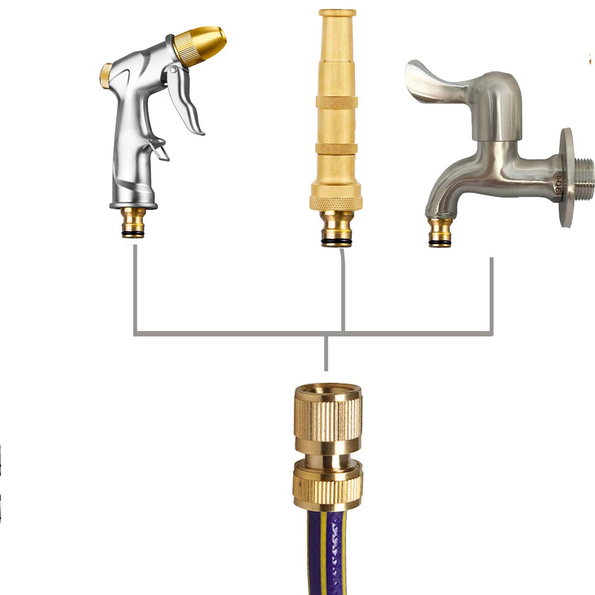 SHOWNEW Garden Hose Quick Connectors, Solid Brass 3/4 inch GHT Thread Easy Connect Fittings No-Leak Water Hose Male Female Value Pack (5)