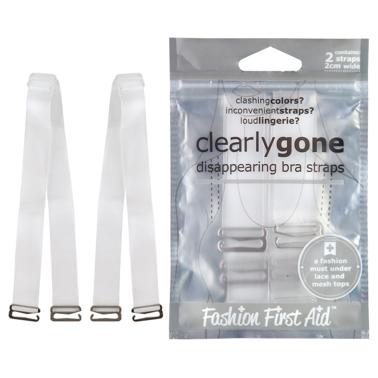 Fashion First Aid Clearly Gone Unsichtbare BH-Träger für Damen – 19 mm breite, durchsichtige BH-Träger mit Metallhaken – Verstellbares, transparentes Trägerpaar für trägerlose und Multiway-BHs