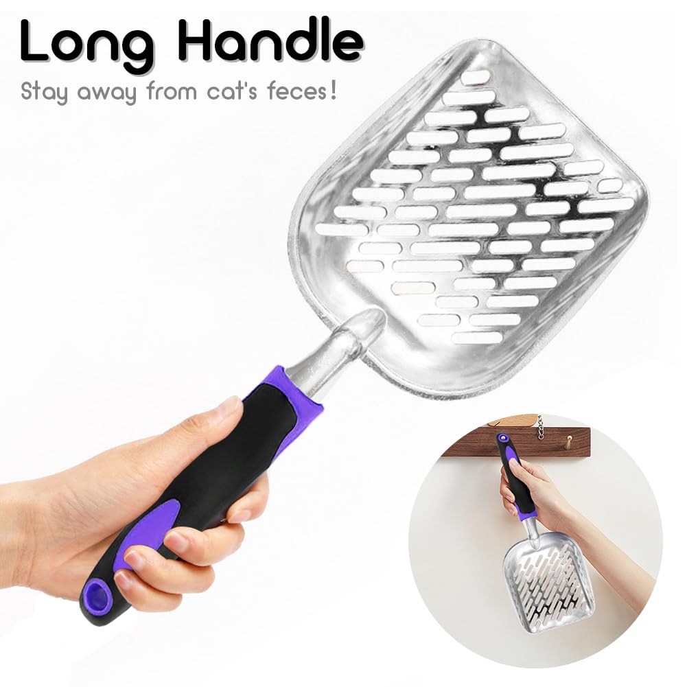Apidgrowth Cat Litter Scoop-Metal Cat Scooper-Long Handle Scoop,Cat Scooper-Poop Sifting-Mesh Shovel-Suitable for Cat Litter Box (Purple)