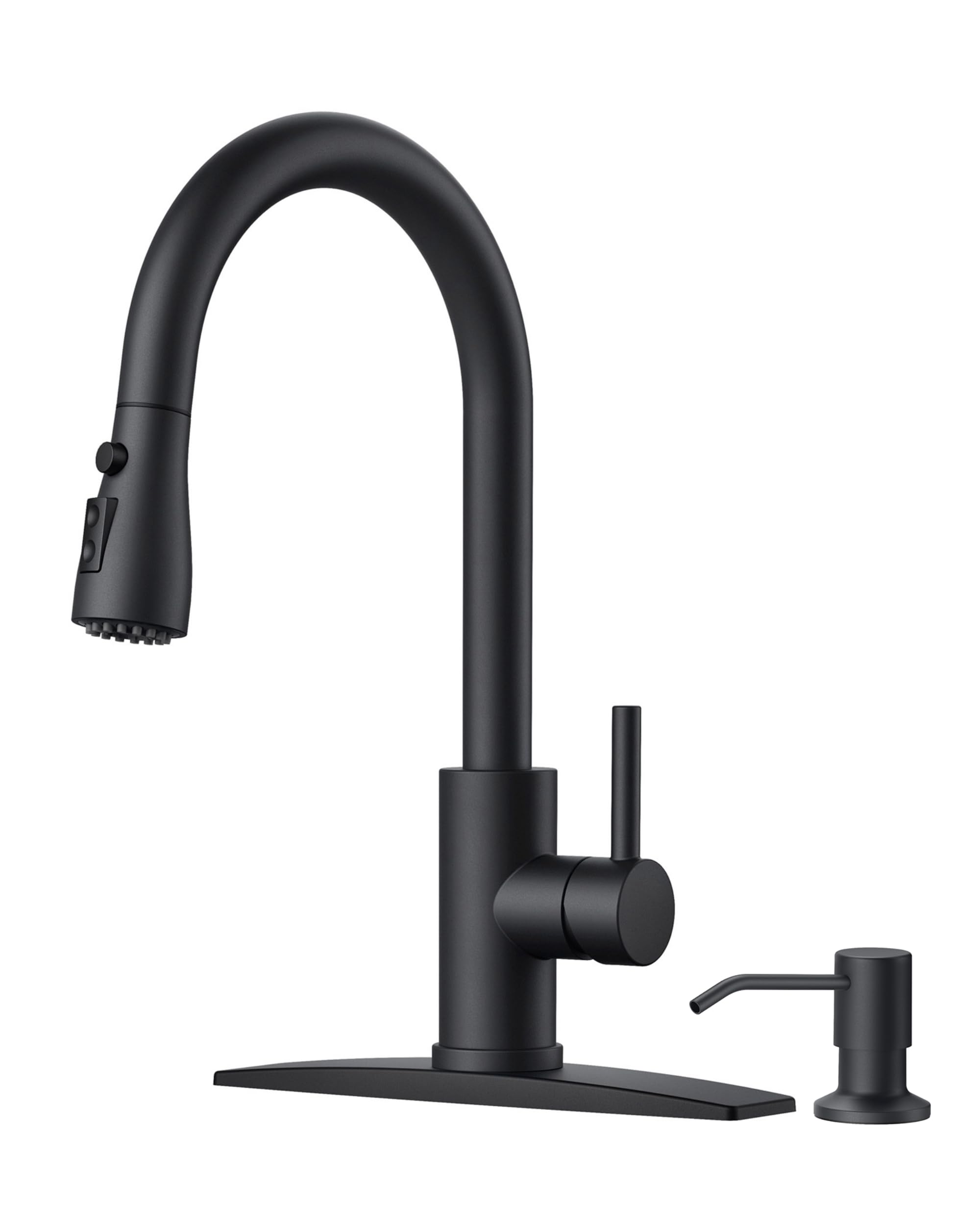FORIOUS Schwarze Küchenarmatur mit Seifenspender und ausziehbarer Brause, hohe Bogenform, Einhebelmischer, klassisch, 3 Modi, Edelstahlarmatur für Küchenspüle, Bauernhaus, Wohnmobil, Waschküche, Camper