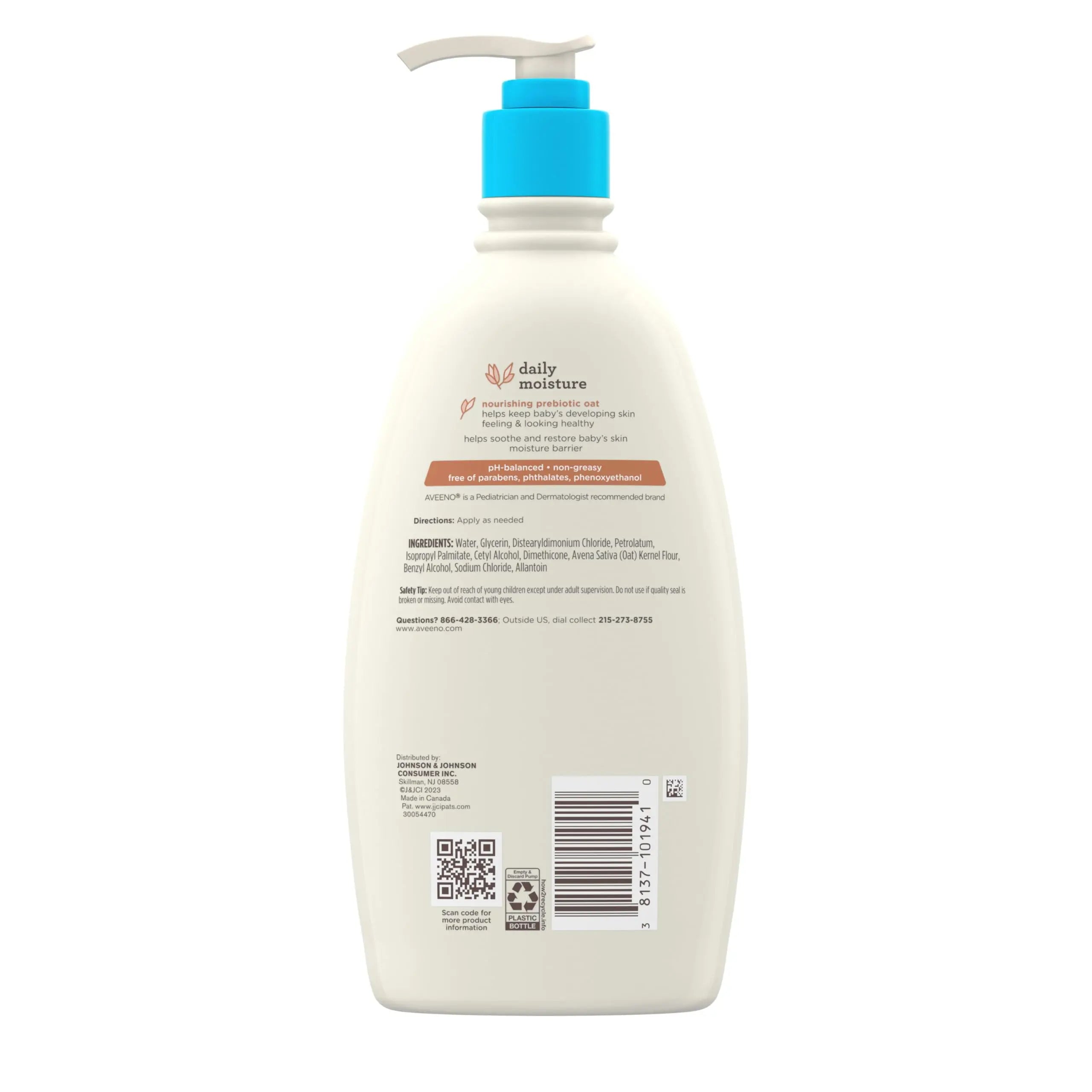 Aveeno Baby Daily Moisture Body Lotion for Sensitive Skin, Hypoallergenic Moisturizing Baby Lotion with Nourishing Oatmeal to Deeply Moisturize Baby's Skin, Fragrance-Free, 18 fl. oz