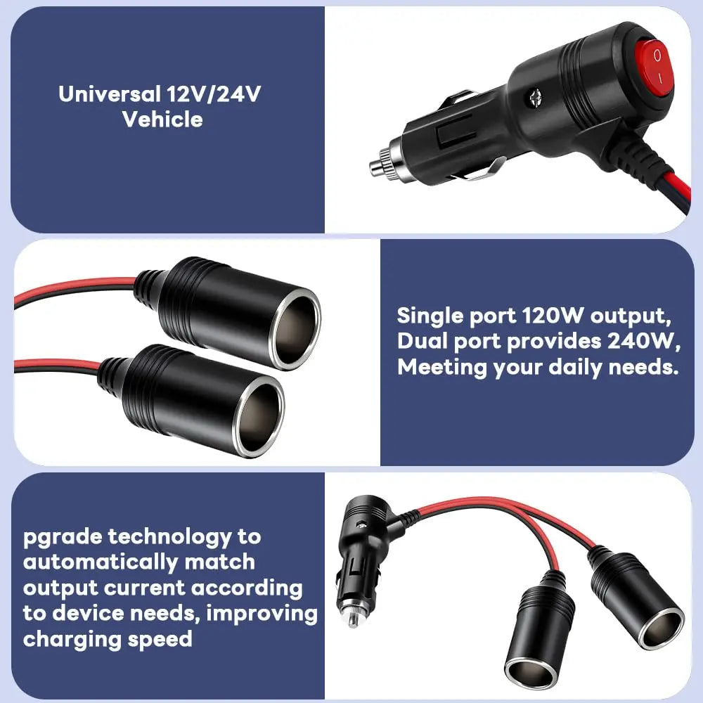 Car Cigarette Lighter Splitter, 12v Splitter Adapter for Car,Supports Fast Charging,1 to 2 Car Cigarette Lighter Splitter Power Charger Port, for 12/24 Volt Cars Vehicle,with on Off Switch