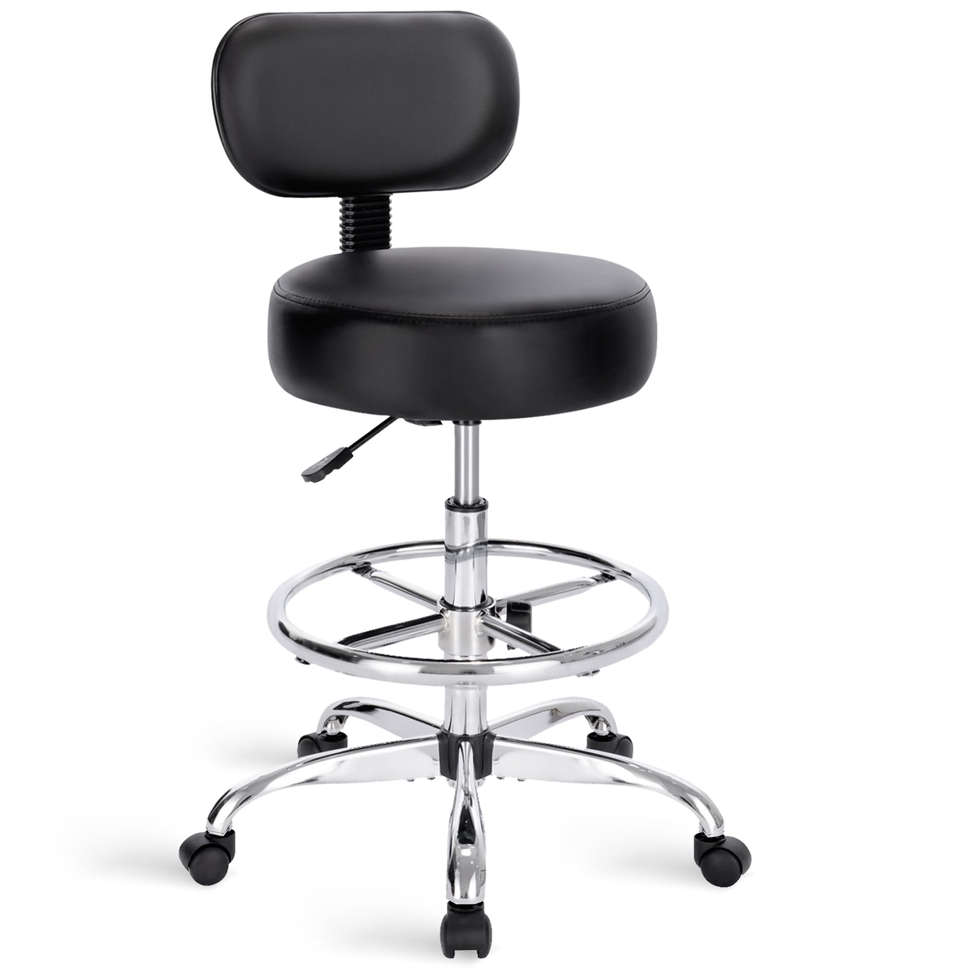 SUPERJARE Drafting Chair with Back, Adjustable Foot Rest Rolling Stool, Multi-Purpose Office Desk Chair, Thick Seat Cushion for Home Bar Kitchen Shop - Black