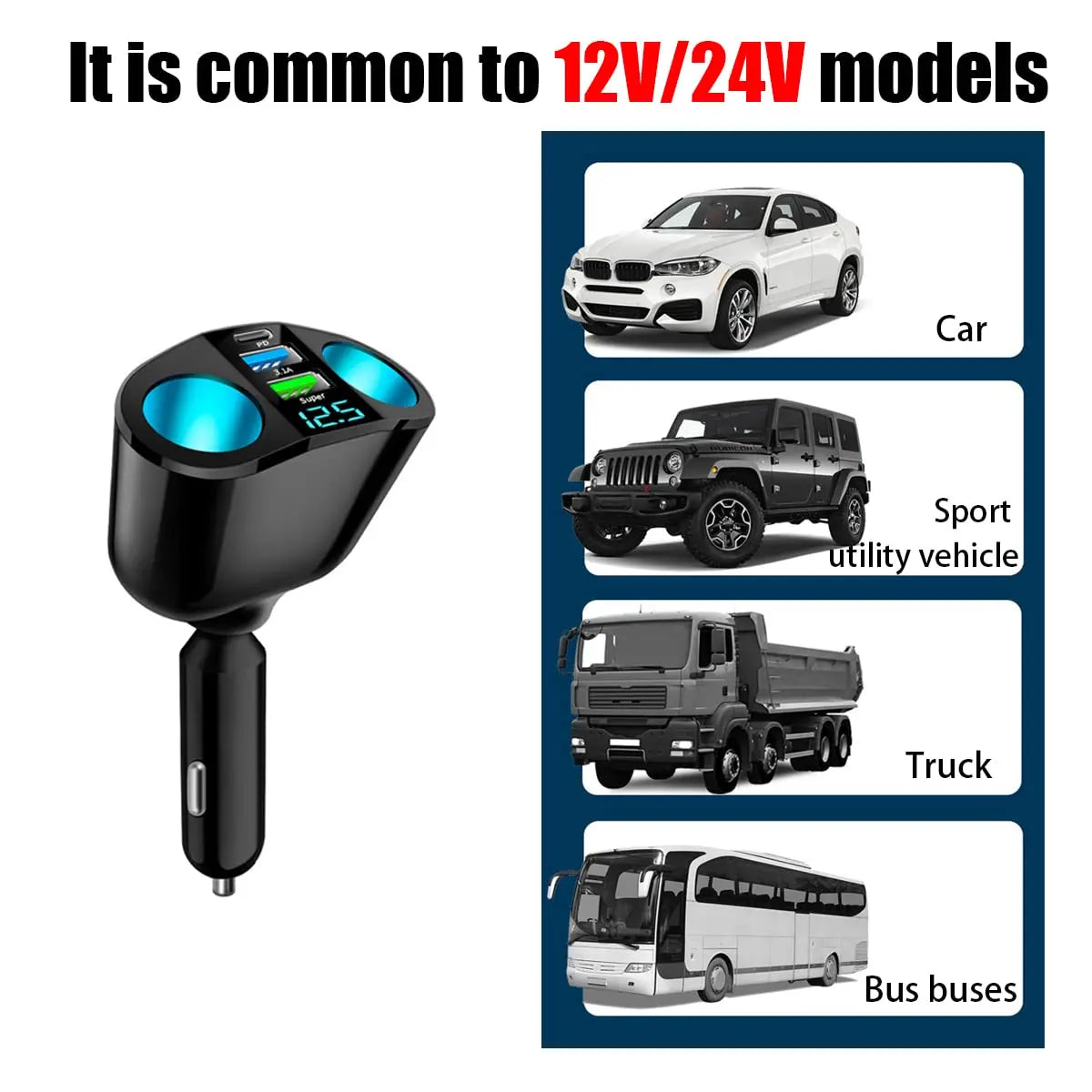 Car Cigarette Lighter Splitter, 2-Socket Cigarette Lighter Adapter with LED Voltmeter, Dual USB QC3.0 Type-C 20W PD Fast Car Charger, 12V/24V Splitter Adapter for Smart Phone GPS Dash Cam