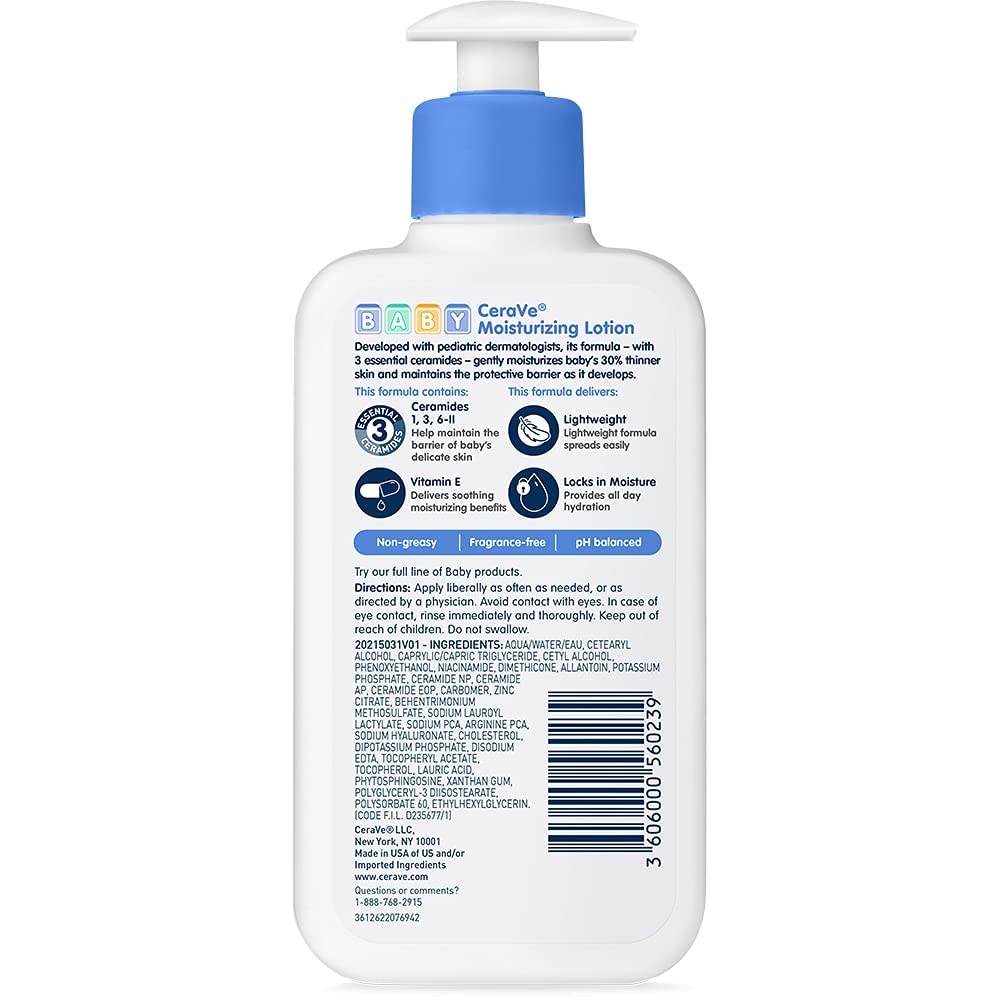 CeraVe Baby Lotion, Gentle Baby Skin Care with Ceramides, Niacinamide & Vitamin E, Fragrance, Paraben, Dye & Phthalates Free, Lightweight Moisturizer, 8 Ounce, Packaging May Vary