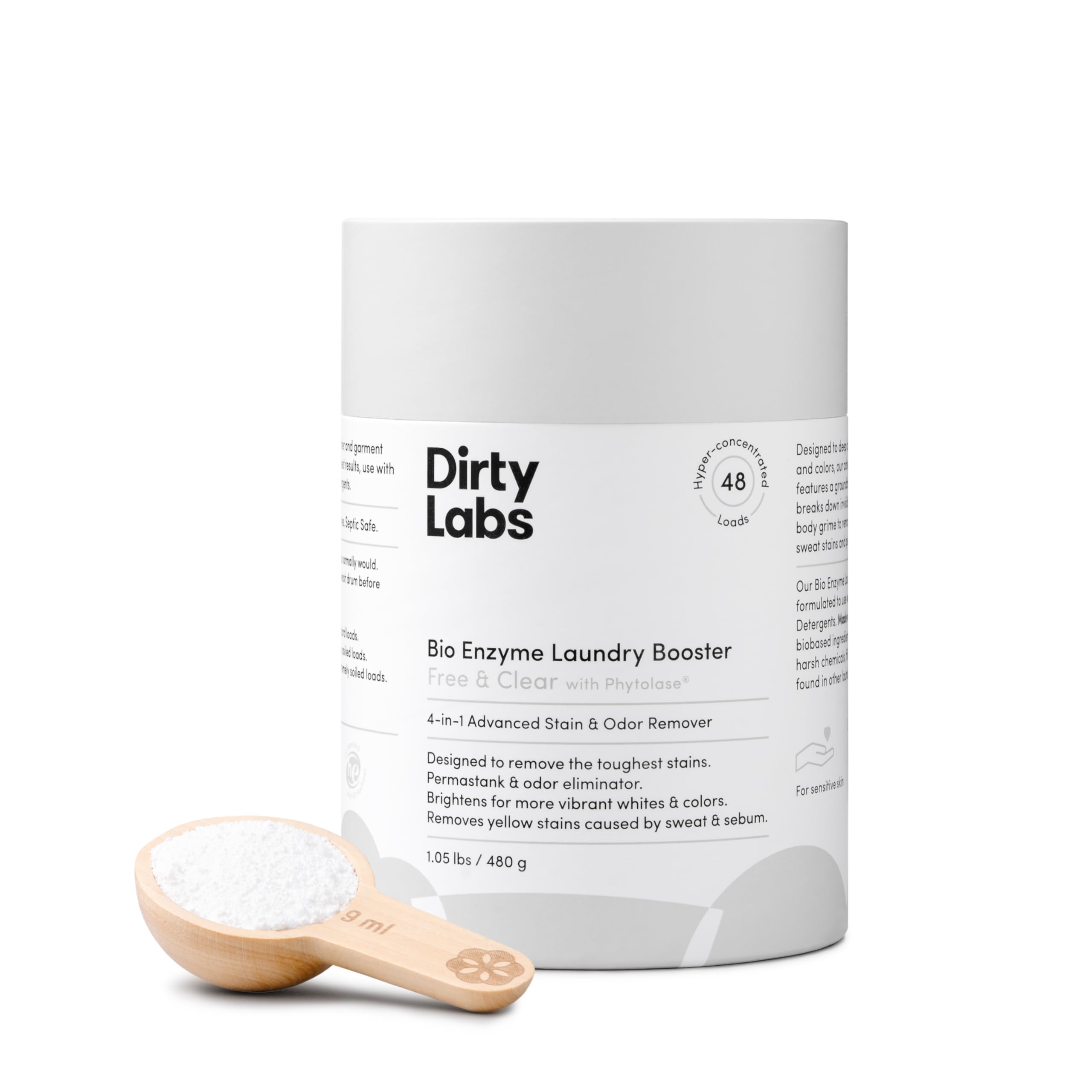Dirty Labs | خالٍ من العطر | معزز غسيل بالإنزيمات الحيوية | 48 غسلة (1 رطل) | شديد التركيز | للغسالات عالية الكفاءة والعادية | غير سام، قابل للتحلل الحيوي | مزيل البقع والروائح الكريهة معزز بالإنزيمات