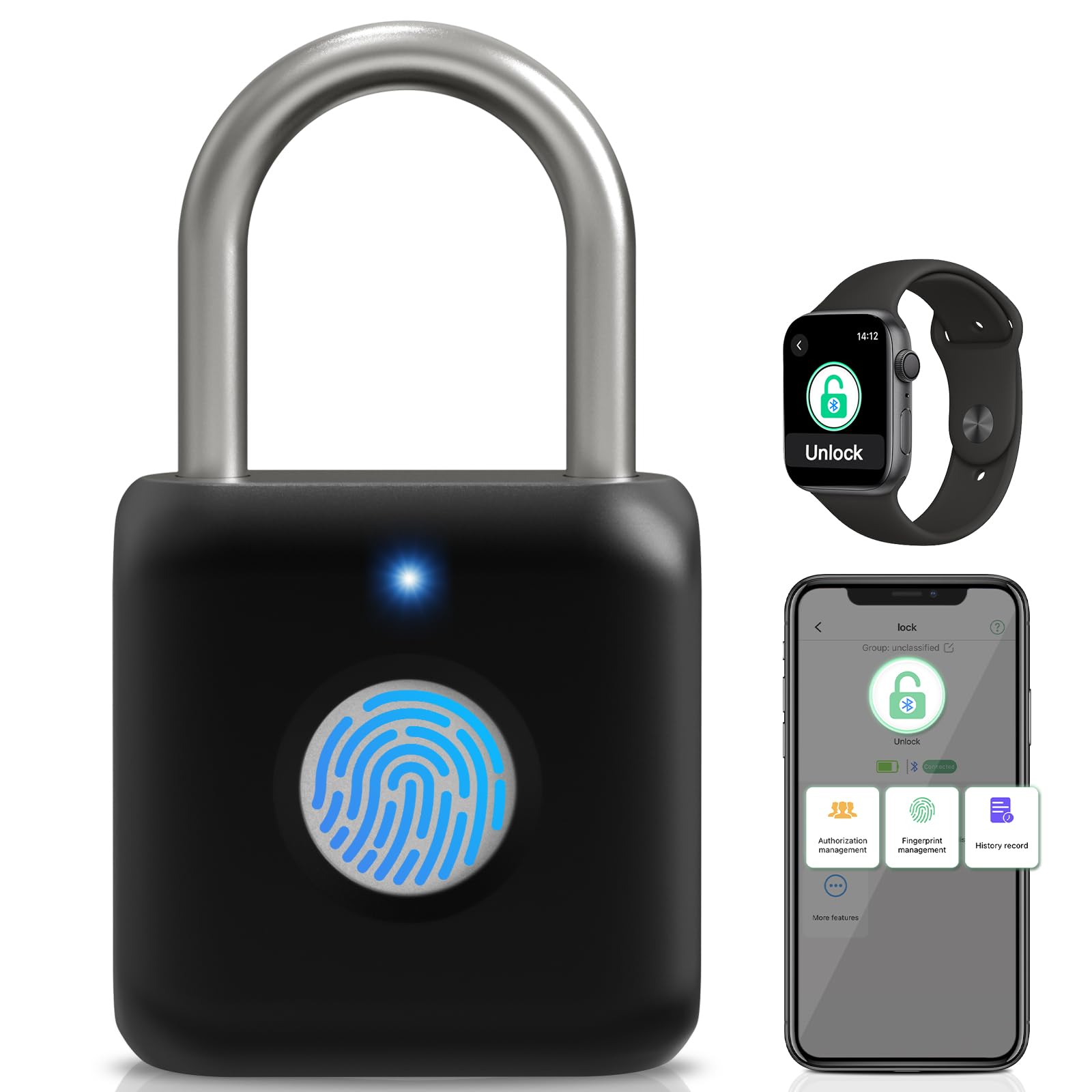 Fingerabdruck-Vorhängeschloss, Pothunder Smart Vorhängeschloss, Spindschloss, Fingerabdruckschloss mit APP-Entsperrung, USB-wiederaufladbar, geeignet für Fitnessstudio-Spinde, Türen (Schwarz)