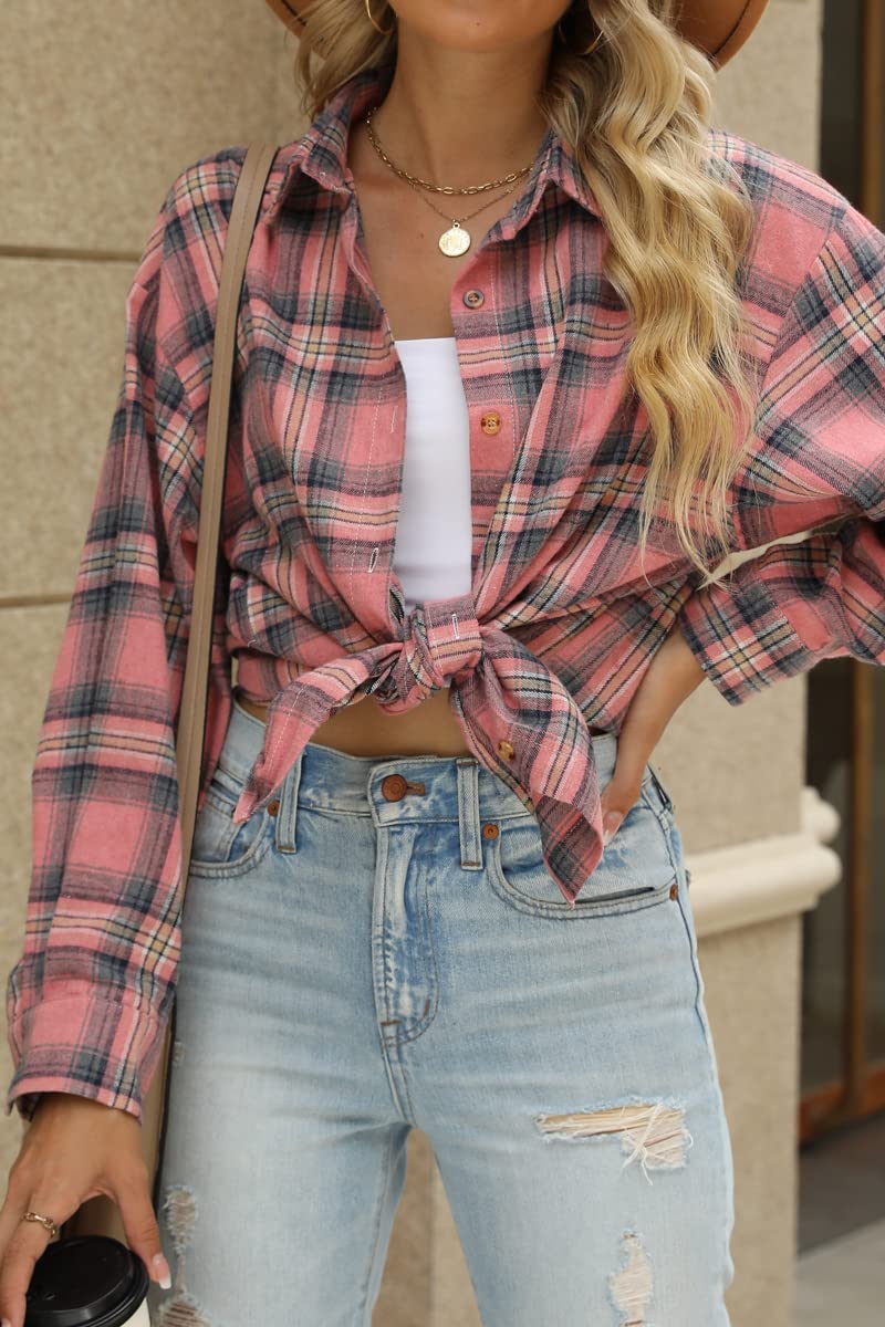 CHYRII Womens Button Down Flannel Shirts Long Sleeve Plaid Shacket Business Casual Blouse Topss Pink -7122 L