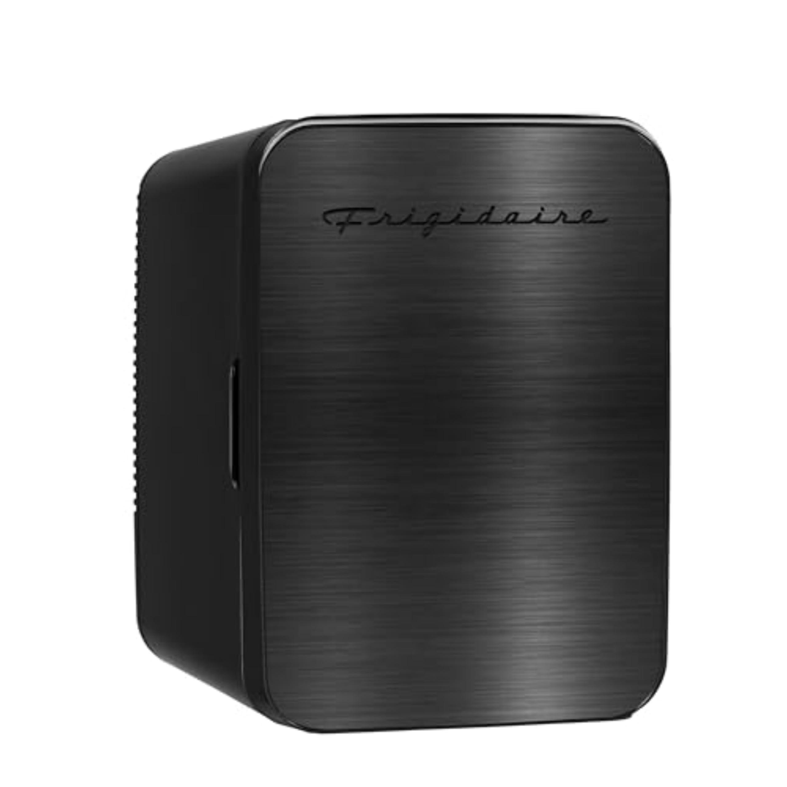 Frigidaire Mini-Kühlschrank, Tischmodell, fasst bis zu 10 l/15 Dosen, robuste Design in gebürstetem schwarzem Edelstahl, tragbar für Hautpflege, Make-up, Auto, Büro, Schlafzimmer, Wohnheim oder Kabine