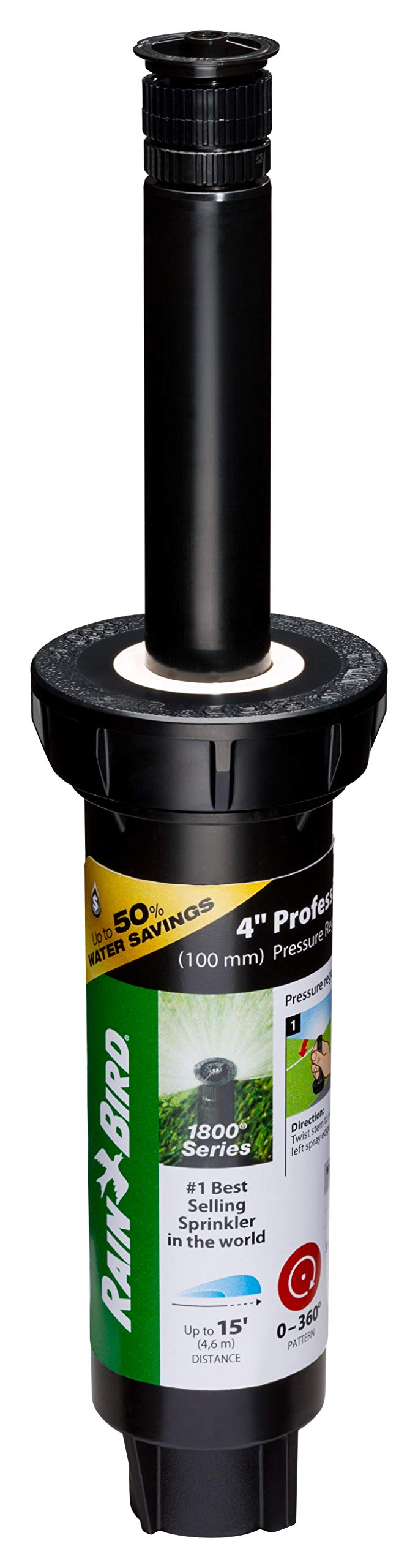 Rain Bird 1804APPR25 Pressure Regulating (PRS) Professional Pop-Up Sprinkler, Adjustable 0 degrees to 360 degrees Pattern, 8' - 15' Spray Distance, 4" Pop-up Height
