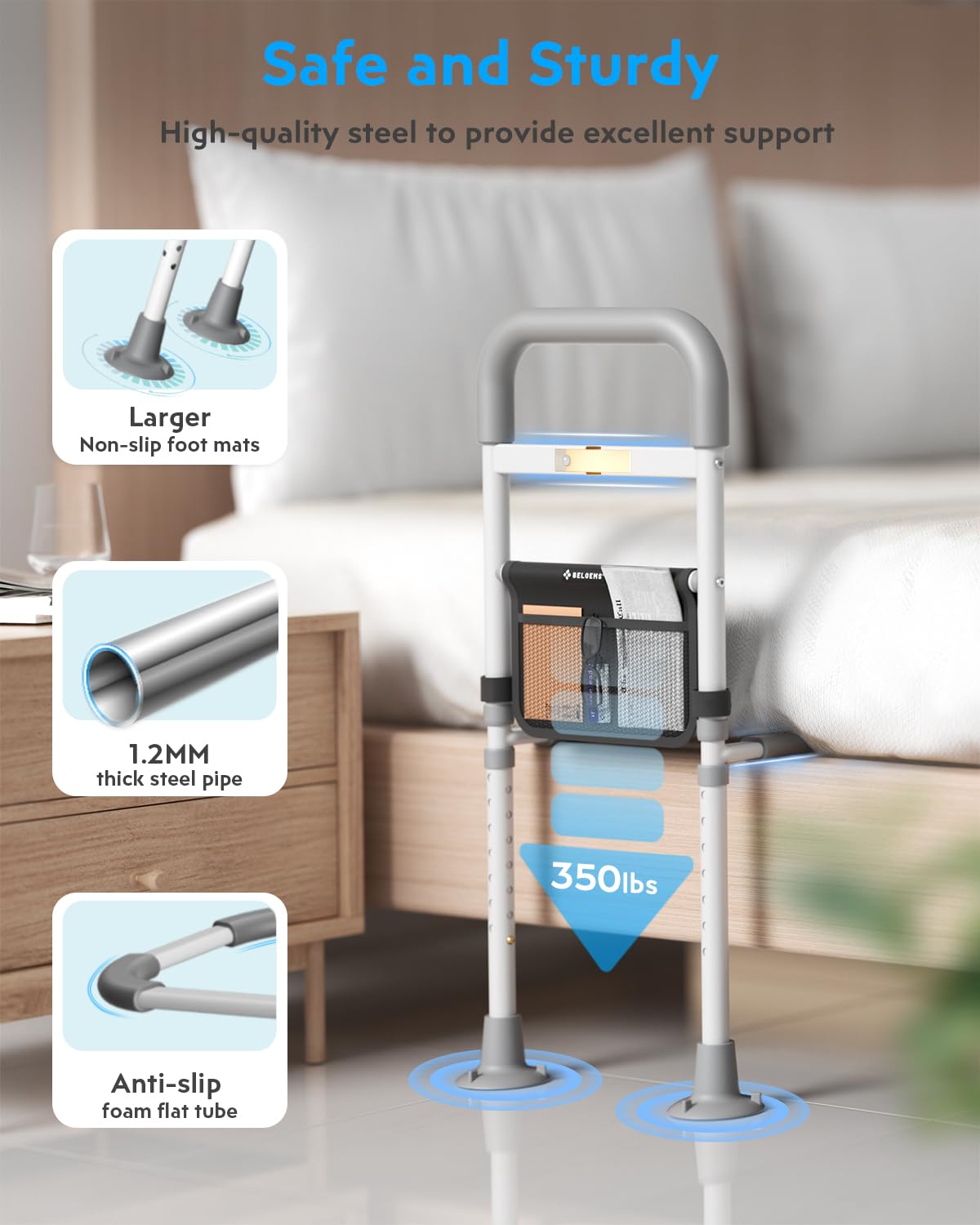 Bed Rails Elderly Adults Safety: Side Assist Grab Bar Handrails for Seniors with Motion Sensor LED Light Pouch - Adjustable Bed Cane Portable Handle Bedside Railing - Fits Twin Full Queen King Grey