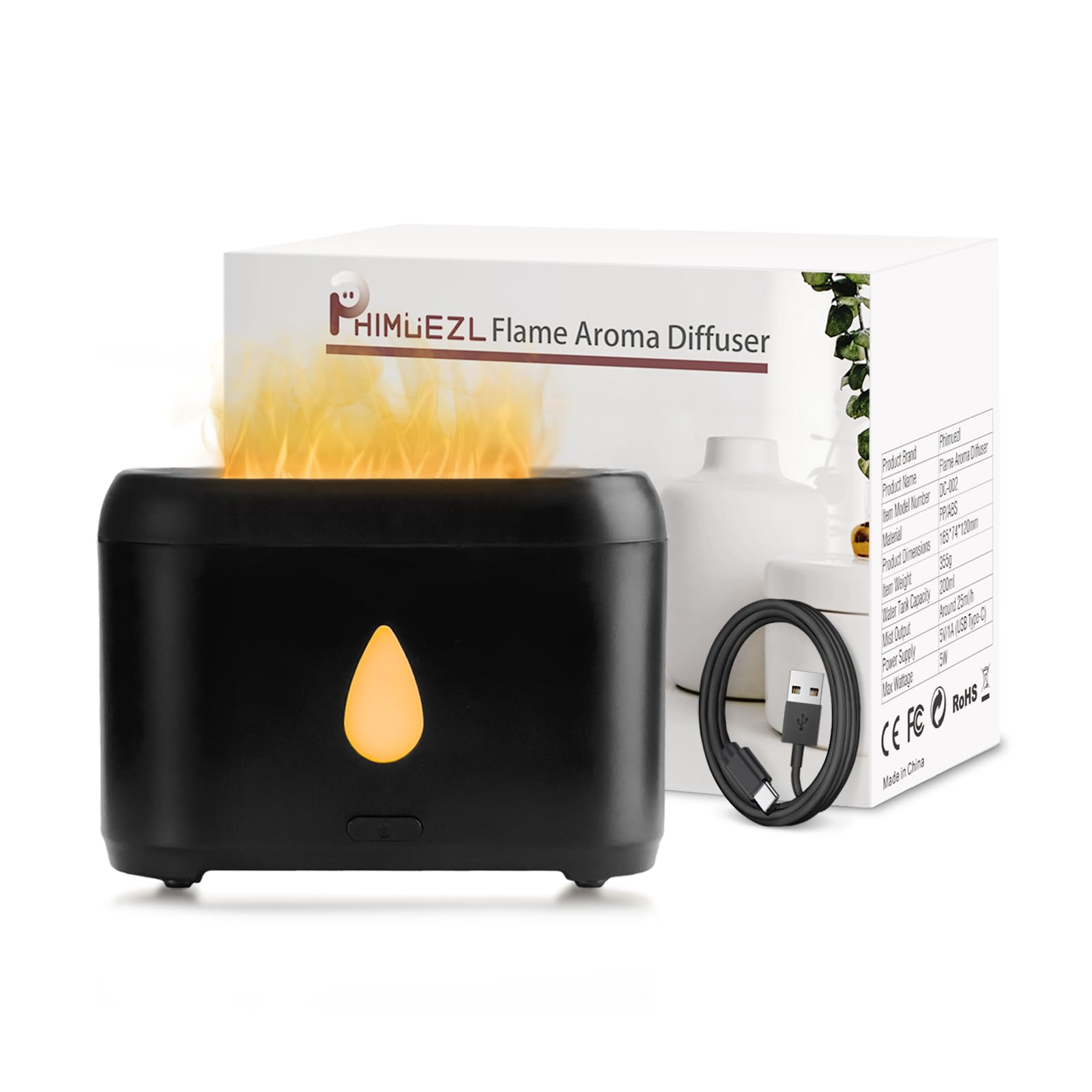 Flammen-Diffusor für ätherische Öle, 200 ml Ultraschall-Aromadiffusoren mit kühlem Nebel, Aromatherapie-Diffusor mit Auto-Aus-Schutz, kleiner Luftbefeuchter für Zuhause, Büro, Schlafzimmer, Geschenk (Schwarz)