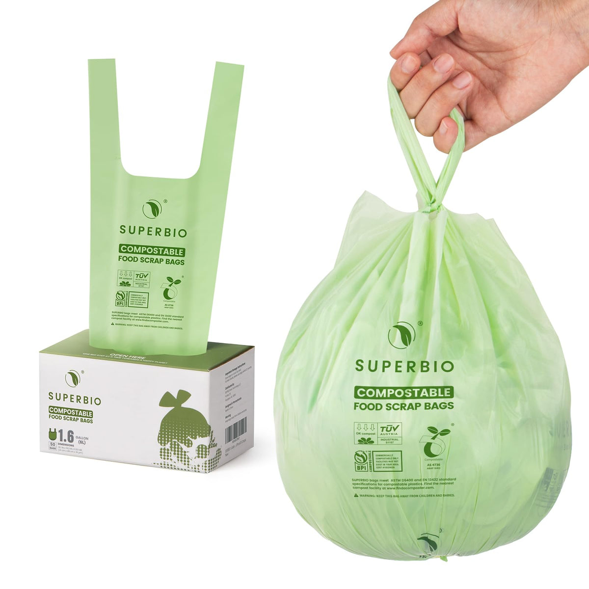 SUPERBIO 6 Liter kompostierbare Lebensmittelabfallbeutel mit Griff für Arbeitsplatten-Komposteimer, kleine Kompostbeutel, 50 Stück, BPI & OK compost INDUSTRIAL zertifiziert