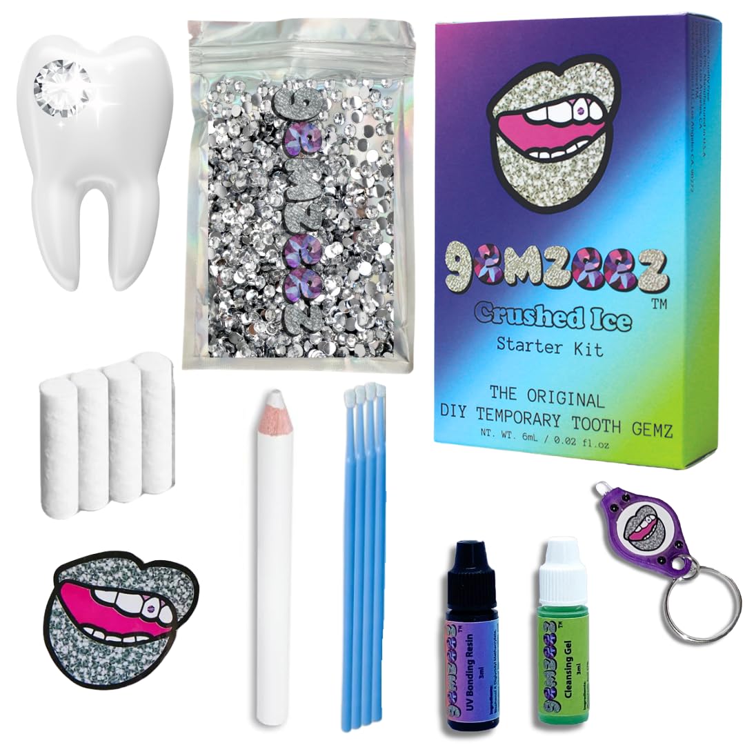 Gemzeez: Das Original DIY Temporäre Zahn-Glitzerstein-Starter-Kit (Crushed Ice) und 1.000 Glitzersteine