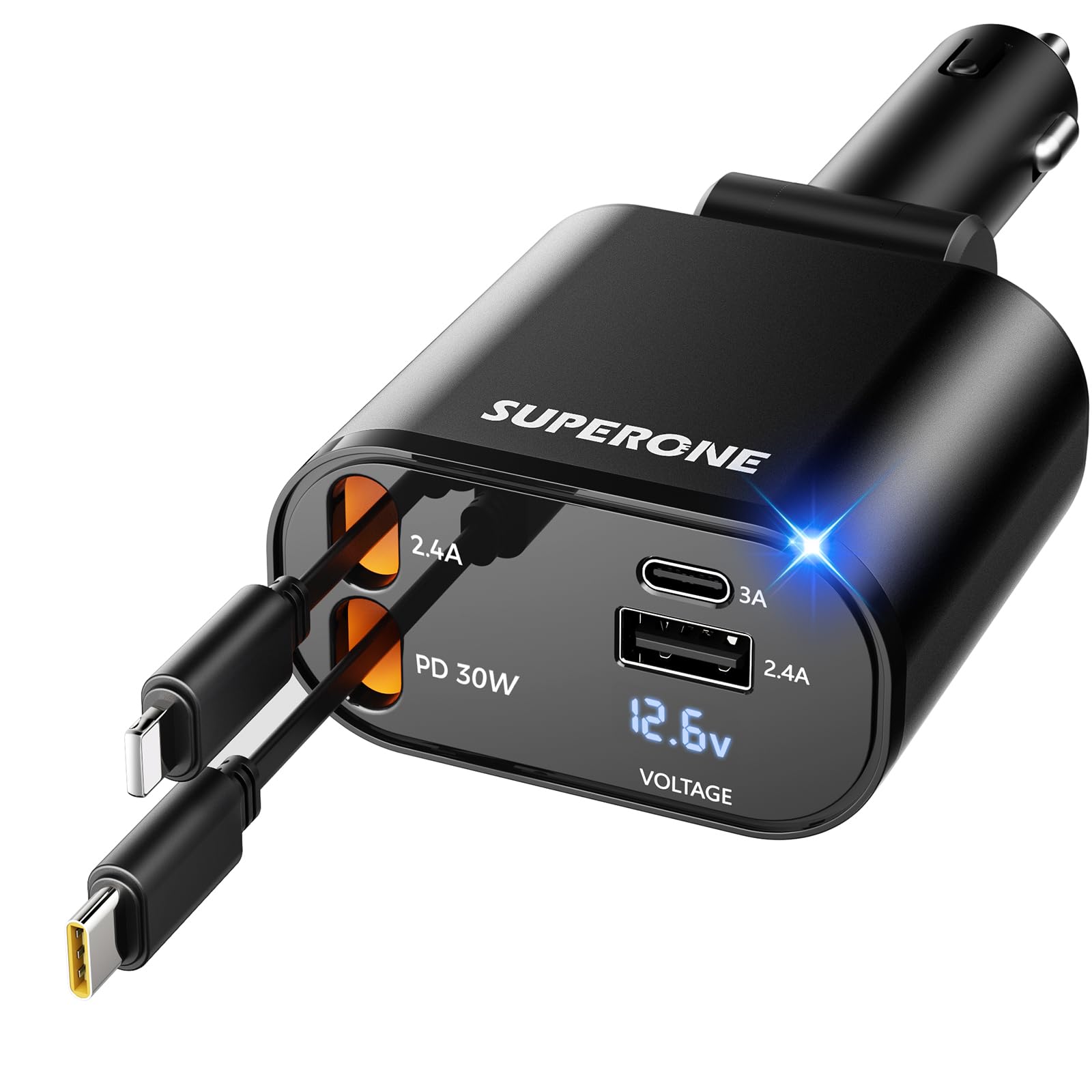 【Upgraded】 SUPERONE Retractable Car Charger 4 in 1, Fast Car Phone Charger with Cord 2.6ft, USB C and Apple Car Adapter, Compatible with iPhone 17 16 15/15 Pro Max/14/13/12/11, Galaxy, Pixel