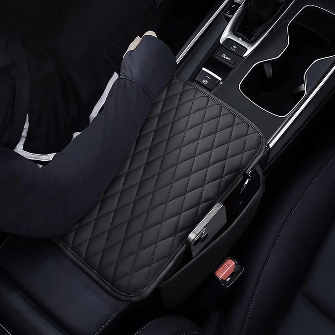 ESKONKE [Upgraded] Car Center Console Cover with 2 Storage Bags - Premium Nappa Leather Armrest Cover, Scratch & Wear Resistant, Waterproof Car Interior Accessories (Classic - Black)