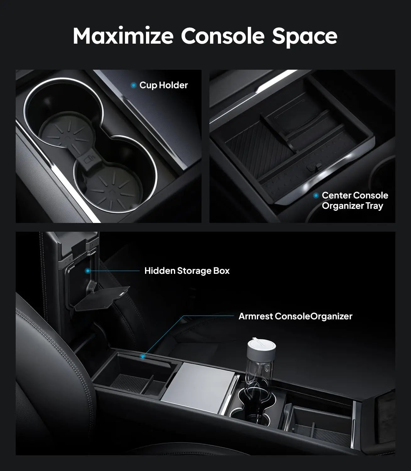 Wigoo Tesla New Model Y Juniper & Model 3 Center Console Organizer [Double Layer Space, Slide smoothly] Model 3 (2024~2025)/New Model Y Juniper Accessories, 4PCS Black
