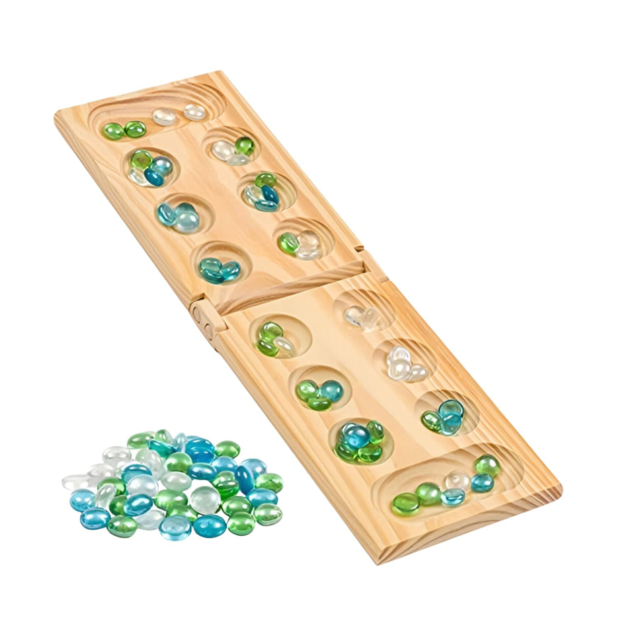 Regal Games Mancala Brettspiel – Lustiges klassisches Tischspiel mit Holzbrett für Erwachsene & Kinder – 48 Glas-Mancala-Steine & 2-Spieler-Spiele – Ideal für Familienspielabende, Reisen (ab 8 Jahren)