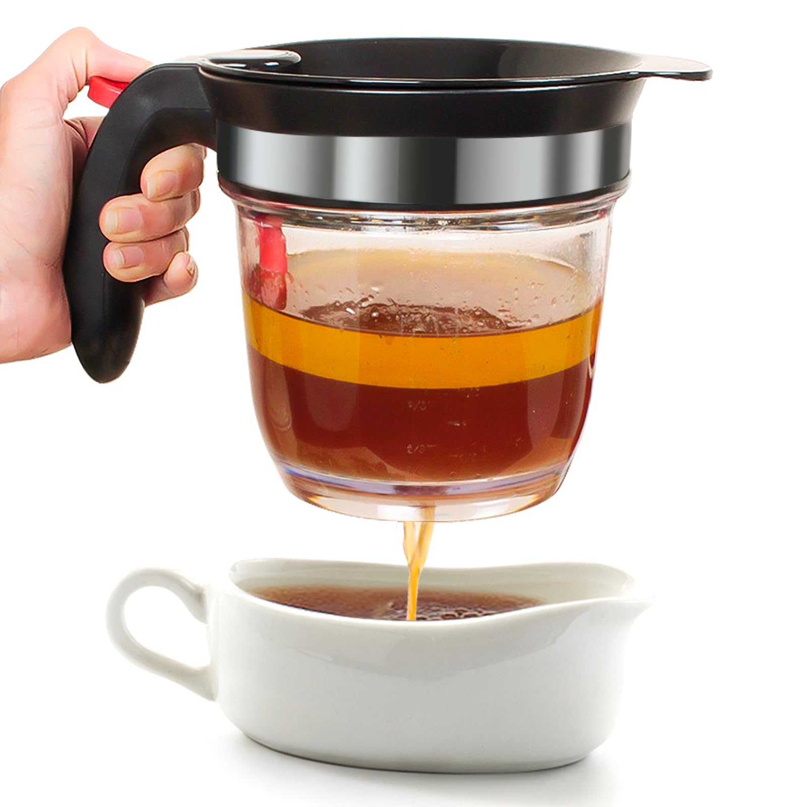 Fettabscheider mit Bodenablass, 4-Tassen-Soßenabscheider zum Kochen mit Ölsieb, Küchenhelfer Fettabscheider verpackt mit einem 3-in-1 Multifunktionsschäler (Rot)