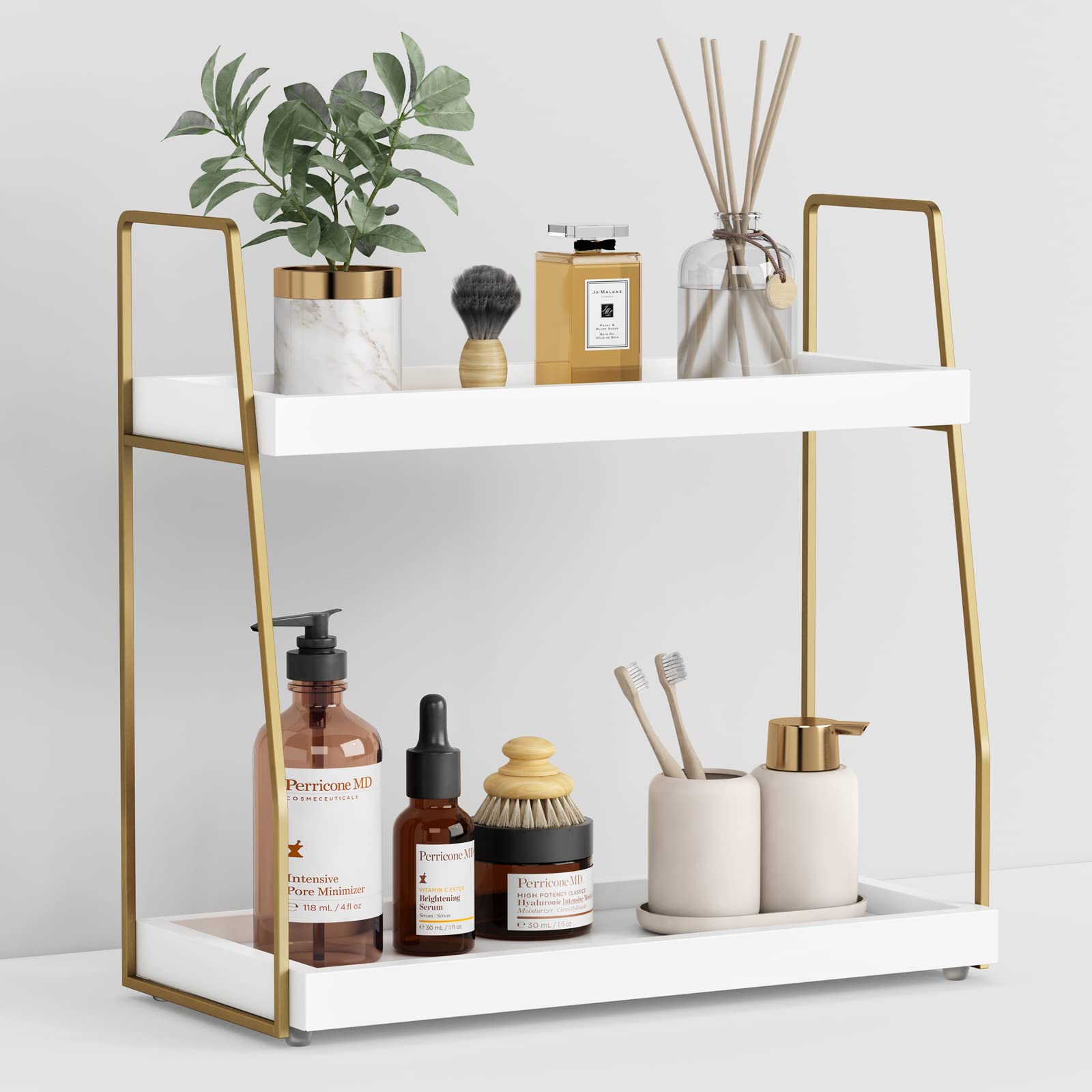 Forbena Bad-Organizer für Waschtisch, Theken-Organizer für Badezimmer-Deko, Holzwaschbeckenregal für Waschtischaufbewahrung, Make-up-Ablage für Parfüm und Hautpflege, Schlafzimmer- und Küchenecke (2 Etagen, Weiß und Gold)