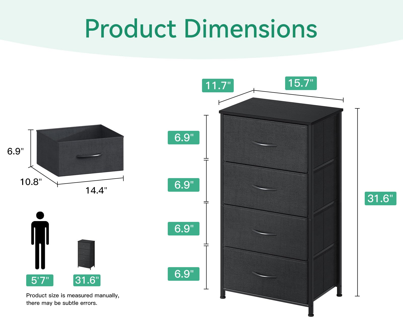 AODK Dresser for Bedroom with 4 Storage Drawers, Small Dressers Chest of Drawers Fabric Dresser with Sturdy Steel Frame, Black