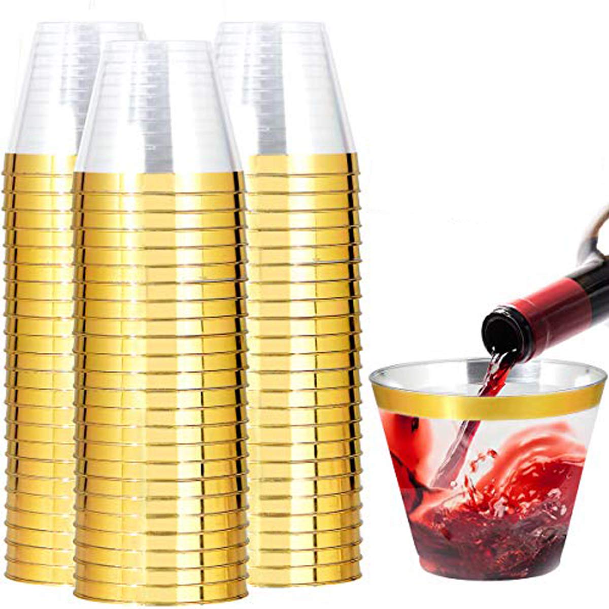 I00000 200er-Pack goldene Plastikbecher, 9 oz Elegante durchsichtige Plastikbecher mit Goldrand, Einweg-Weingläser, schicke Einweg-Partybecher, Hochzeitsbecher, Trinkbecher, Cocktailgläser, perfekt für Partys