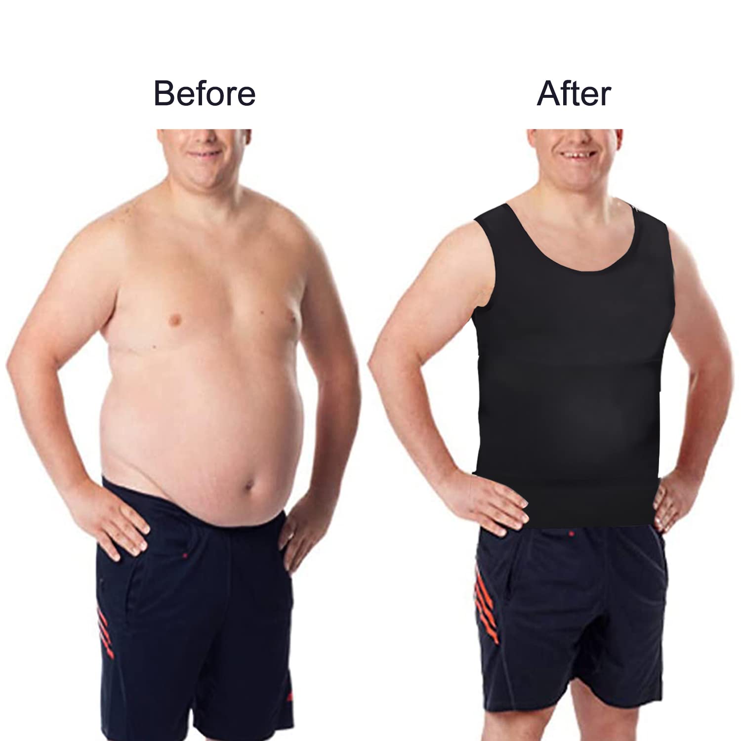 Mens Slimming Compression Shirt, Body Shaper Workout Tank Top, Gynecomastia Tummy Control Undershirts - Change in Seconds
