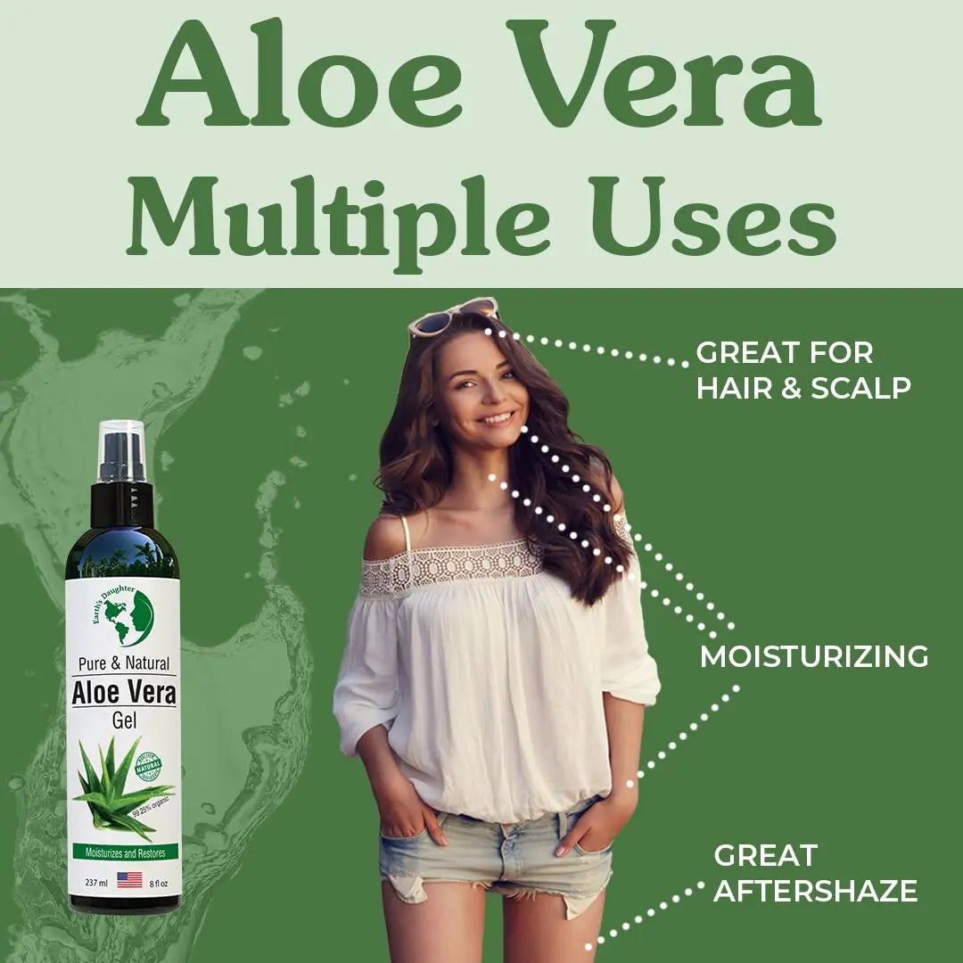 Earth's Daughter Organic Aloe Vera Gel from 100% Pure and Natural Cold Pressed Aloe - Great for Face - Hair - Acne - Sunburn - Bug Bites - Rashes - Eczema - 8 Oz.