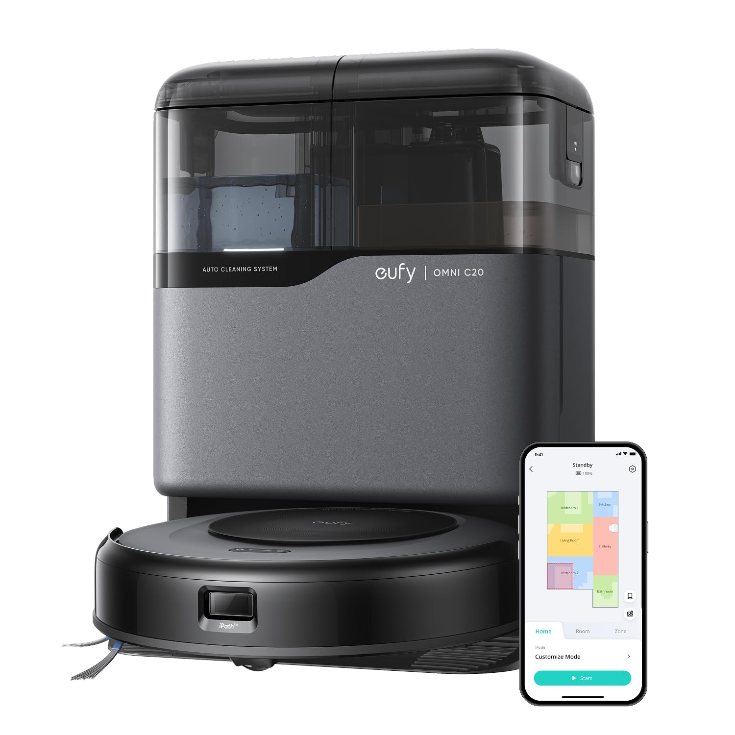 eufy Saugroboter Omni C20, Saug- und Wischroboter-Kombination, Selbstreinigend, Automatische Moppwäsche und Autotrocknung für freihändige Reinigung, 7000 Pa starke Saugleistung, 8,5 cm Design, All-in-One-Station