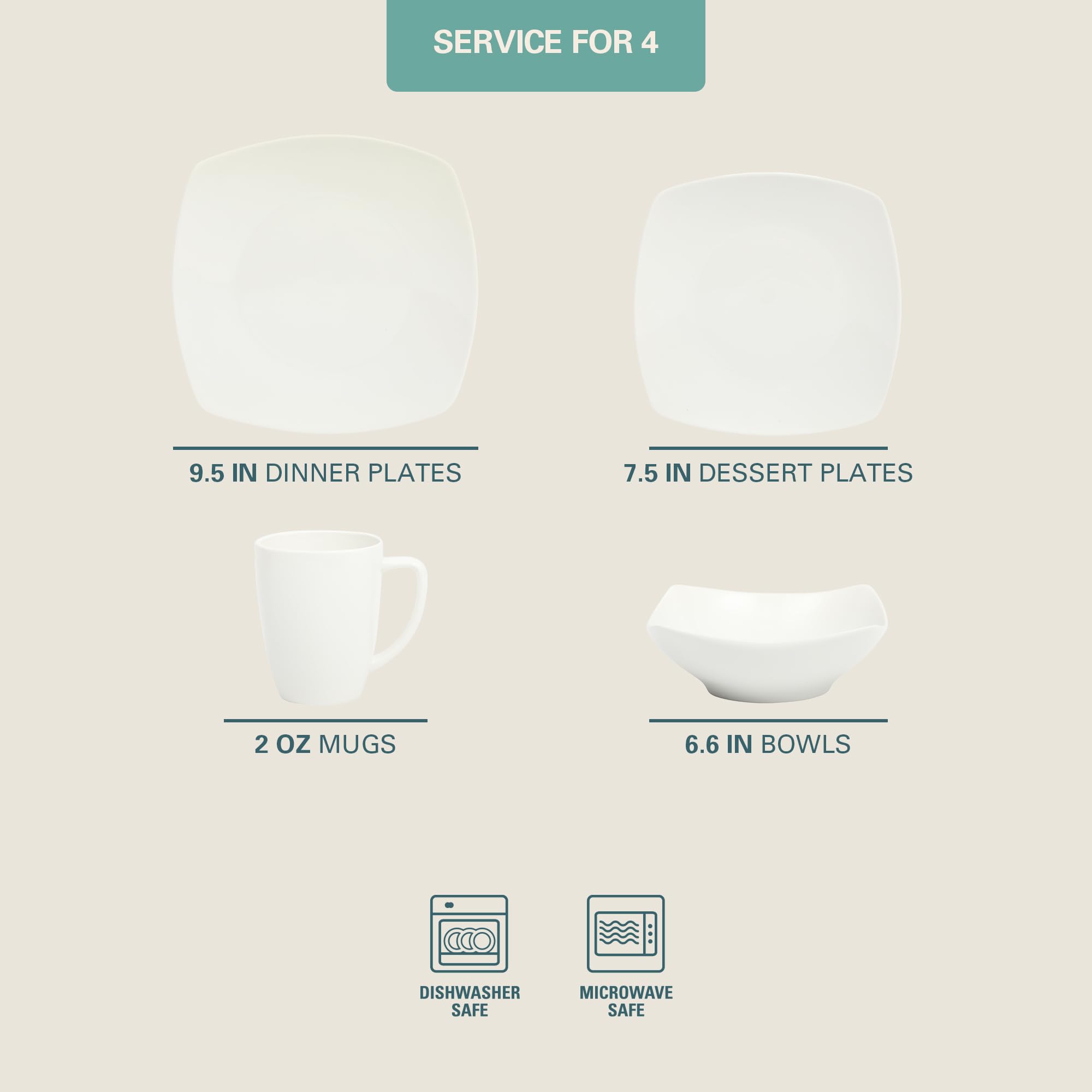 Gibson Home Zen Buffet Porcelain Chip and Scratch Resistant Dinnerware Plates, Bowls, and Mugs Set, Service for 4 (16pcs), White (Square Dishes)