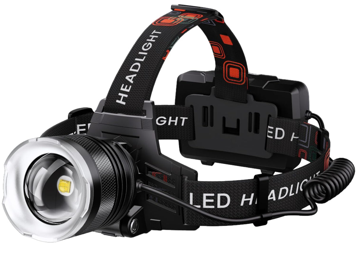 AMAKER LED Headlamp Rechargeable, 9000mAh Long Battery Head Lamp with 5 Modes, IPX7 Waterproof USB Rechargeable Headlight, Zoomable Headlamp for Adults, 90 degrees Adjustable for Camping Hunting Climbing