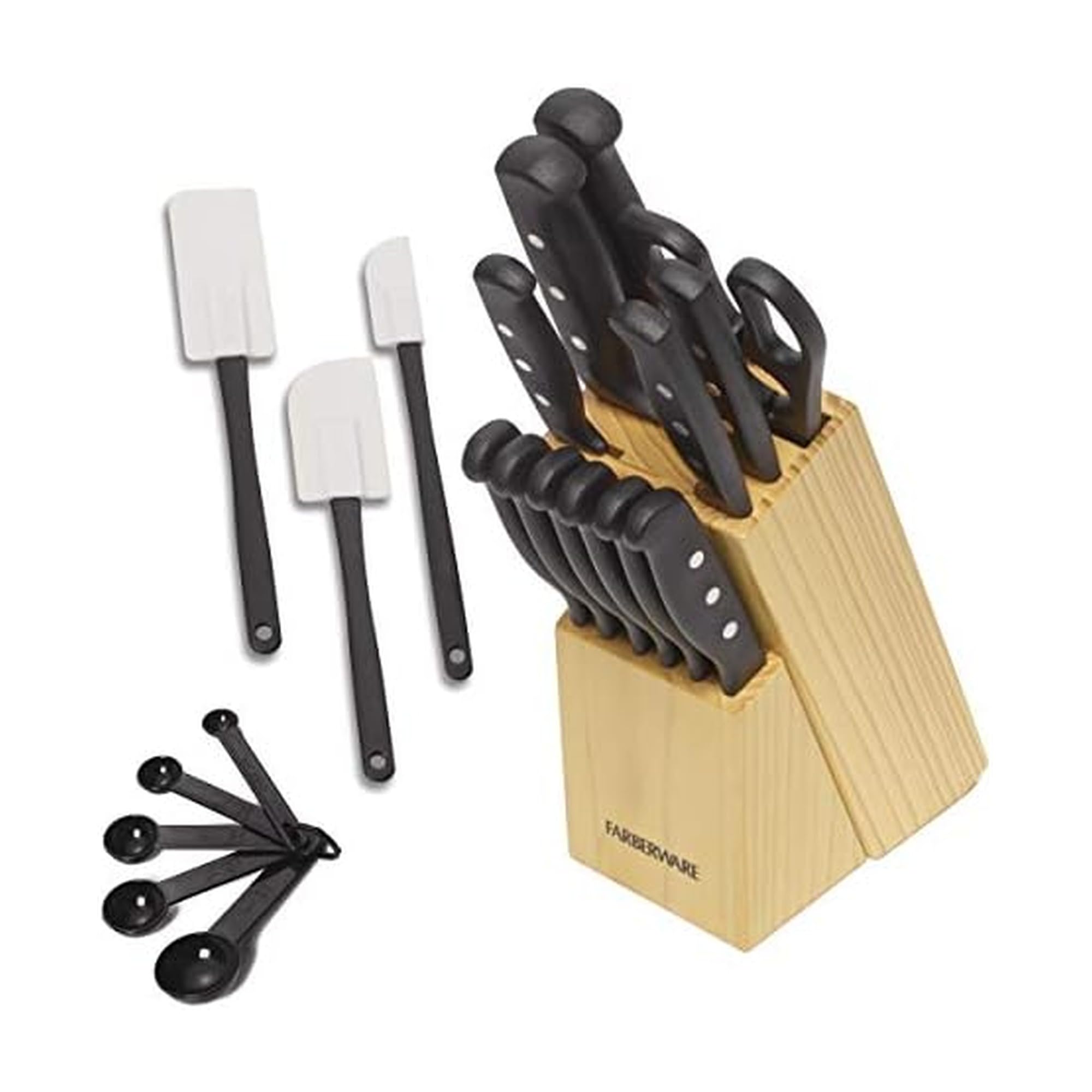 Farberware 22-teiliges, nie zu schärfendes Dreifachniet-Messerblock- und Küchenwerkzeug-Set aus rostfreiem High-Carbon-Stahl, Schwarz, langlebig UND präzisionsgeschmiedetes Besteck