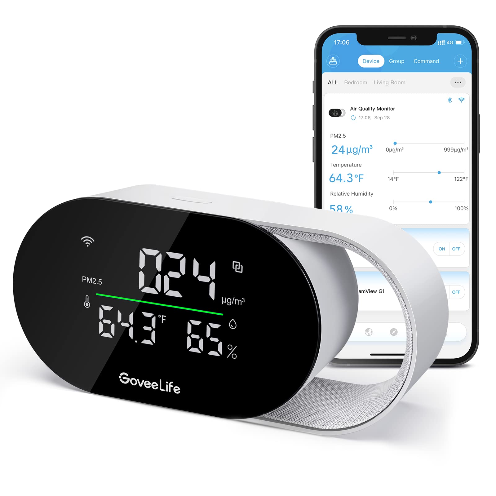 GoveeLife Intelligenter Luftqualitätsmonitor mit PM2.5, WiFi, Temperatur- und Feuchtigkeitssensoren, LED-Anzeige, 2s Aktualisierung, 2 Jahre Datenspeicherung, für Zuhause & Büro kabelgebunden