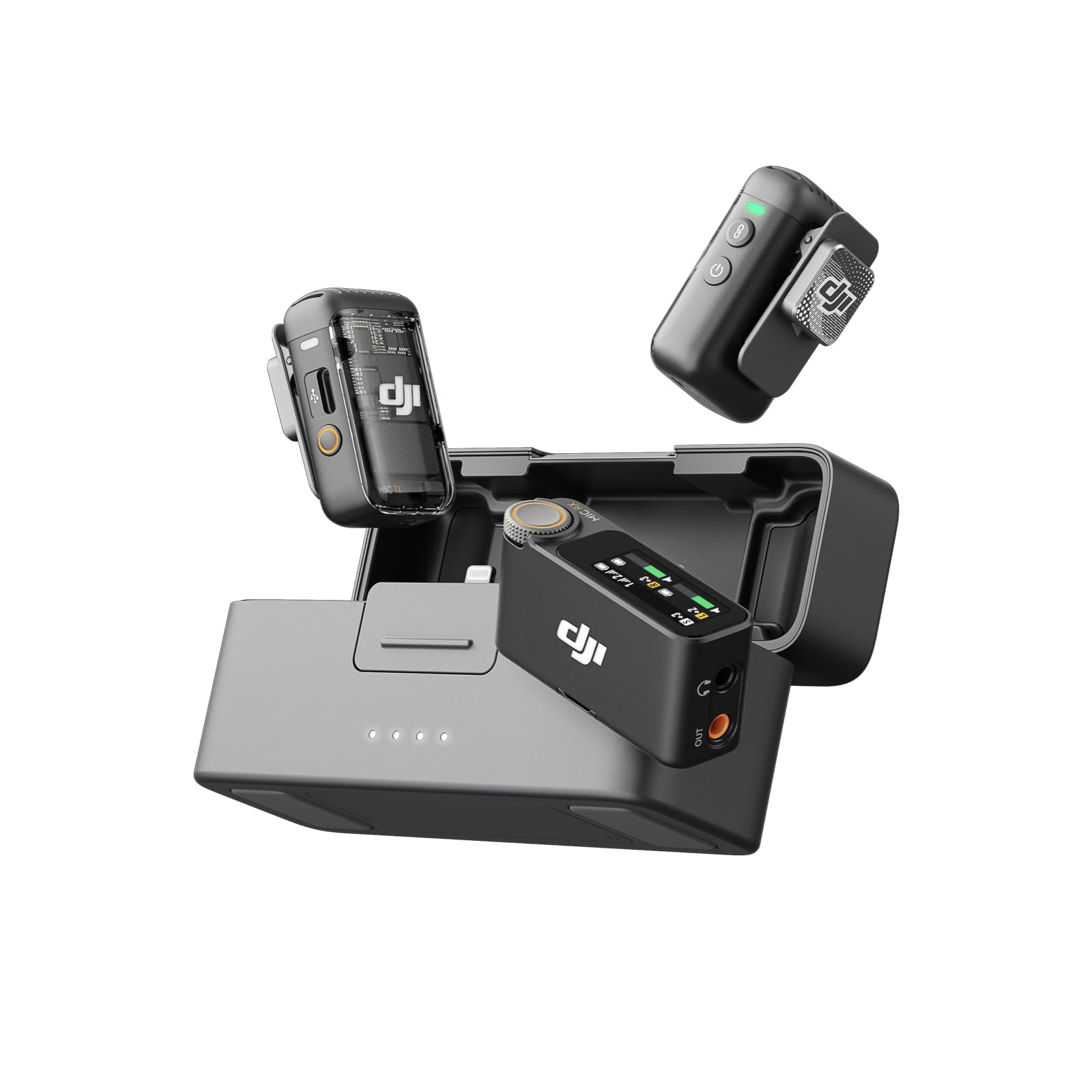 DJI Mic 2 (جهازا إرسال + جهاز استقبال + علبة شحن)، ميكروفون لافالير لاسلكي، إلغاء الضوضاء الذكي، تسجيل داخلي عائم 32 بت، نطاق 820 قدمًا (250 مترًا)، ميكروفون لأجهزة iPhone و Android والكاميرا