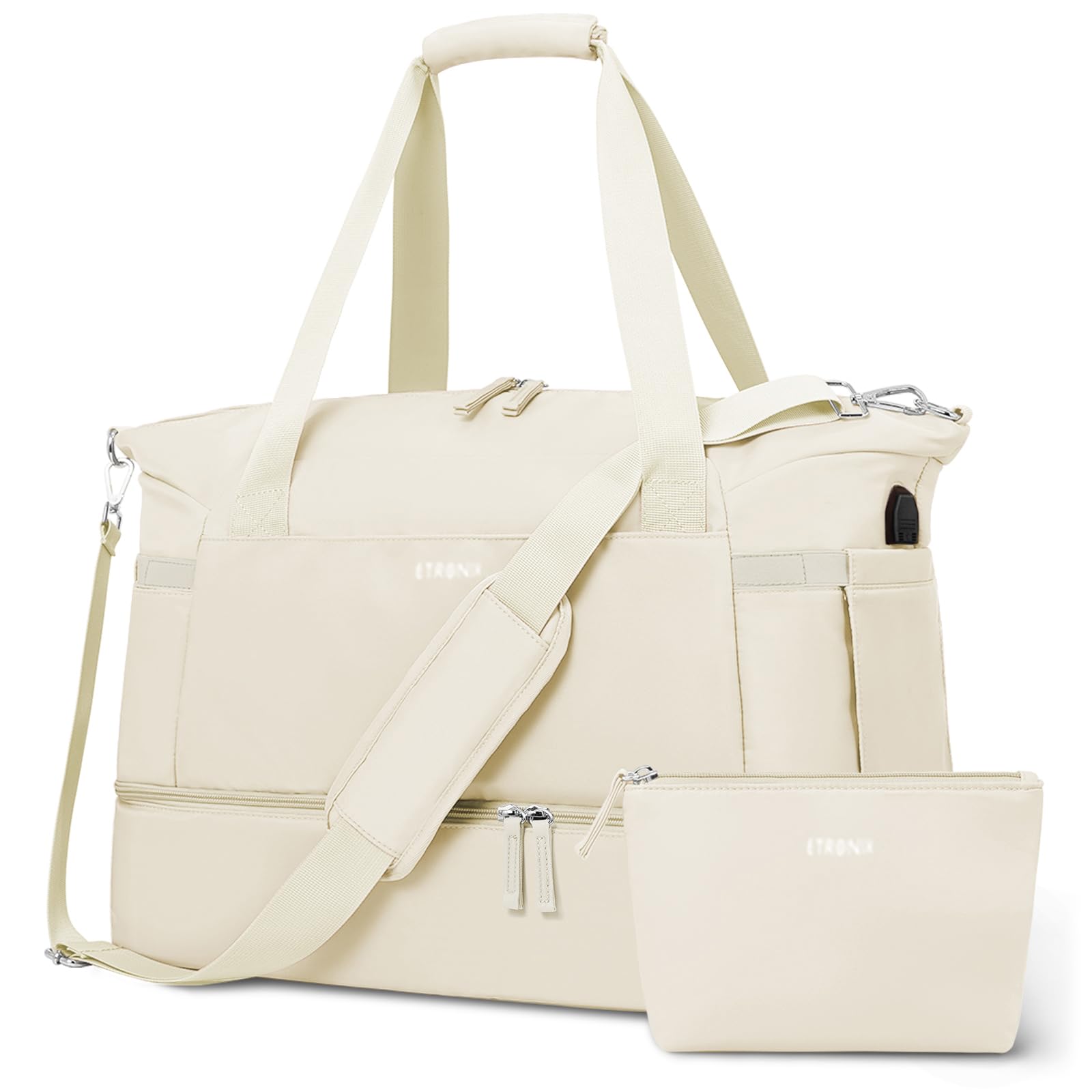 ETRONIK Sporttasche für Damen, Reisetasche für persönliche Gegenstände mit Schuhfach, Weekender Übernachtungstasche mit Nassfach & USB-Ladeanschluss, Handgepäcktasche für Damen, Reisen, Fitnessstudio, Wochenende (Beige)