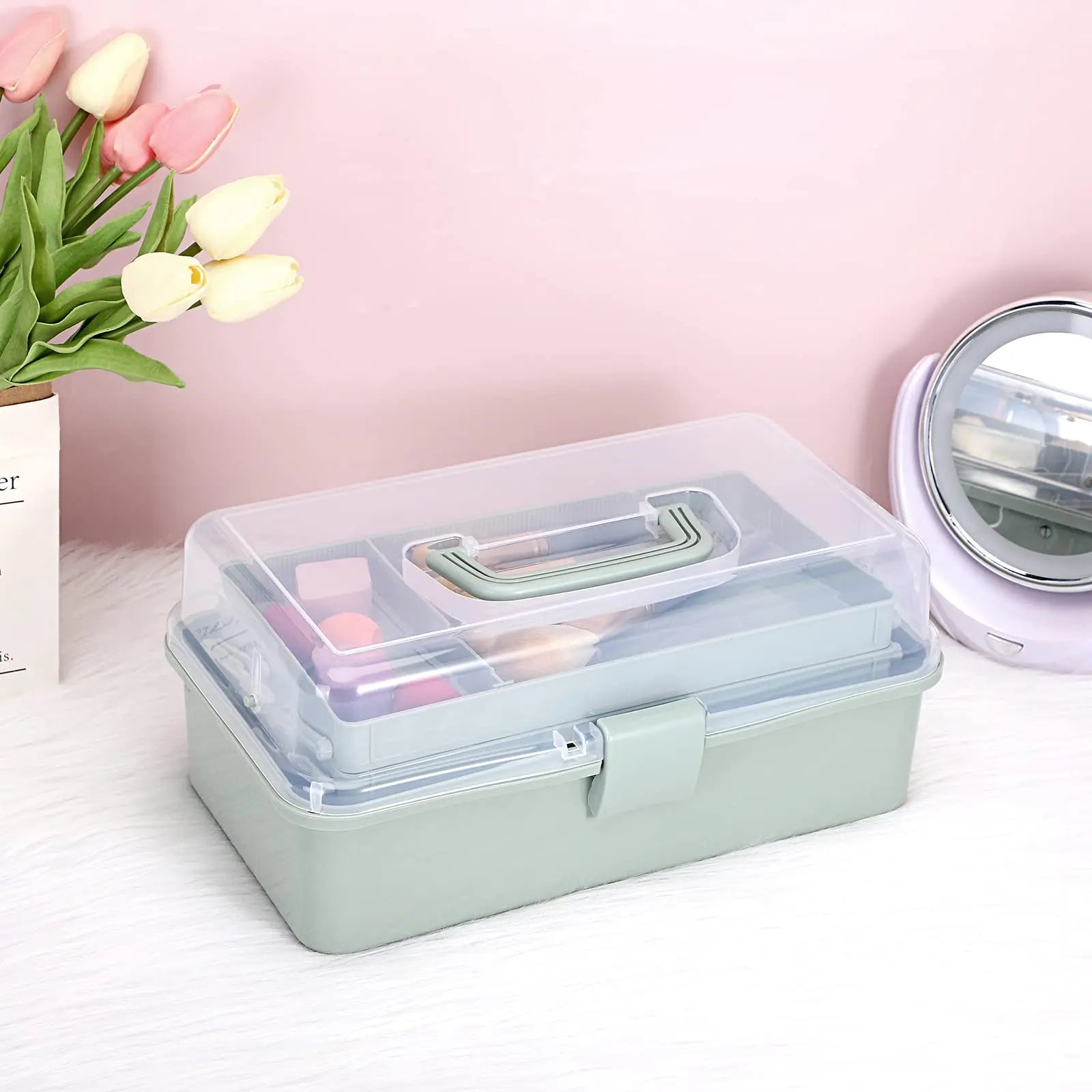 BTSKY 3-Layer Plastic Dividing Storage Craft Organizer with Adjustable Spacers and Portable Handled Multipurpose Home Utility Box for Medicine, Sewing and Art Supply