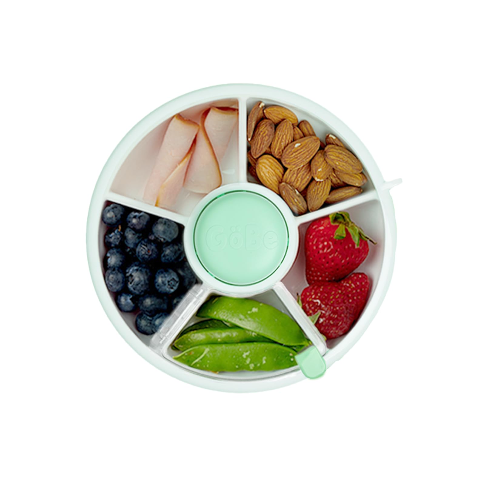 GoBe Kids Small Snack Spinner Flip Bundle mit Handschlaufe und Stickerbogen – Wiederverwendbarer Snackbehälter mit 5 Fächern und Deckel | BPA/PVC-frei | Spülmaschinenfest | Auslaufsicher – Mintgrün