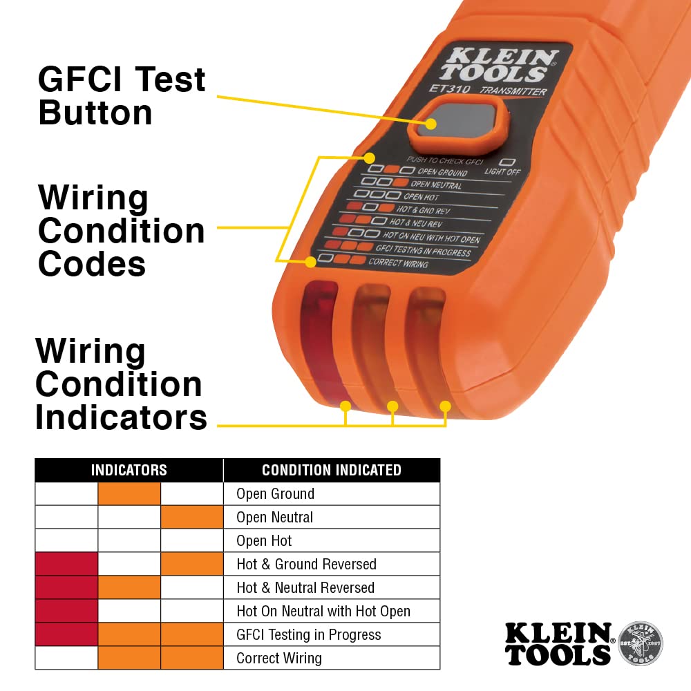 طقم العثور على قواطع الدائرة الكهربائية AC ET310KIT من Klein Tools، جهاز اختبار كهربائي، جهاز اختبار GFCI، أسلاك توصيل، محولات وحافظة