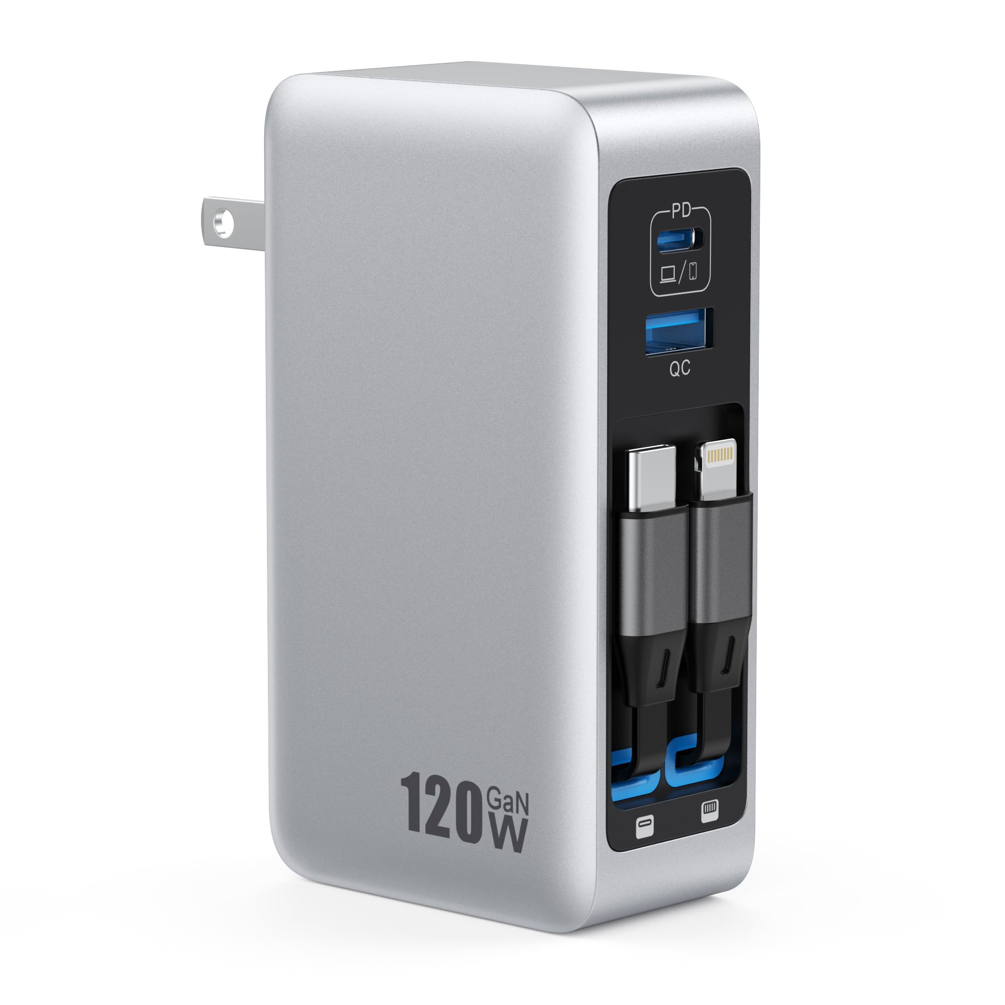120W USB C Charger Block with 2 Built-in Retractable Cables,4-in-1 GaN IV Foldable Plug Wall Charger Fast Charging Station,PD 65W Laptop Adapter for Macbook/iPad,iPhone 16/15/14,Galaxy S24,Android etc