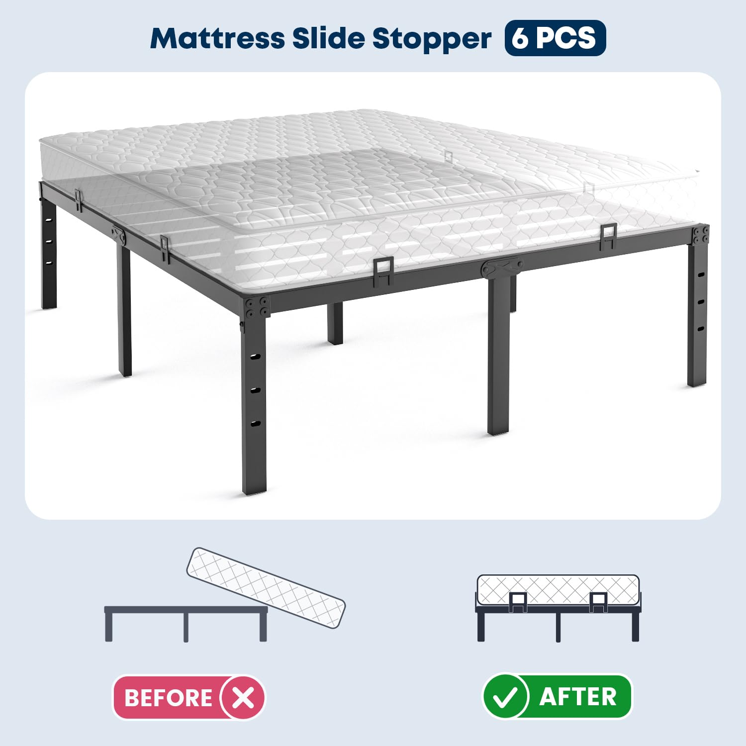 SUYAUU Non Slip Mattress Gaskets, Mattress Holder in Place Gripper for Metal Bed Frame, Keep Mattress from Sliding Gripper, Adjustable, 6 PCS, Black