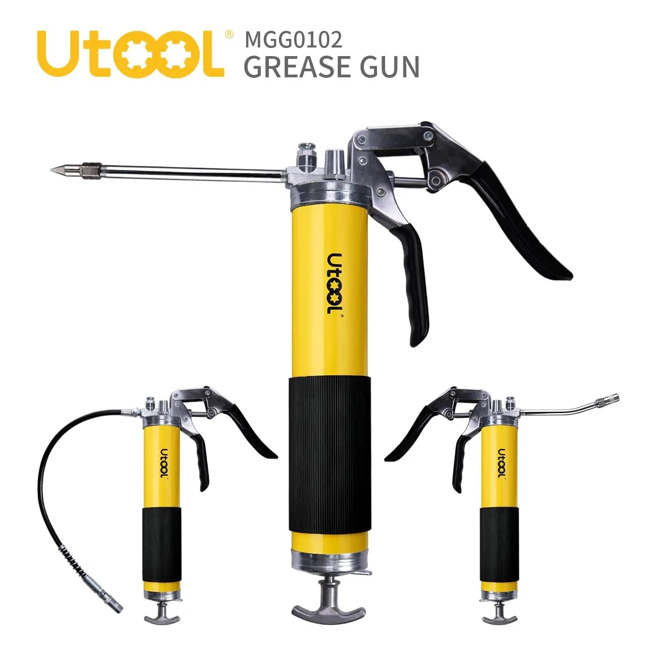UTOOL Grease Gun, 8000 PSI Heavy Duty Pistol Grip Grease Gun Kit with 14 oz Capacity, 18 Inch Resin Flex Hose, 2 Basic Coupler, 2 Extension Rigid Pipe and 1 Sharp Type Nozzle, Argent Matte Finish