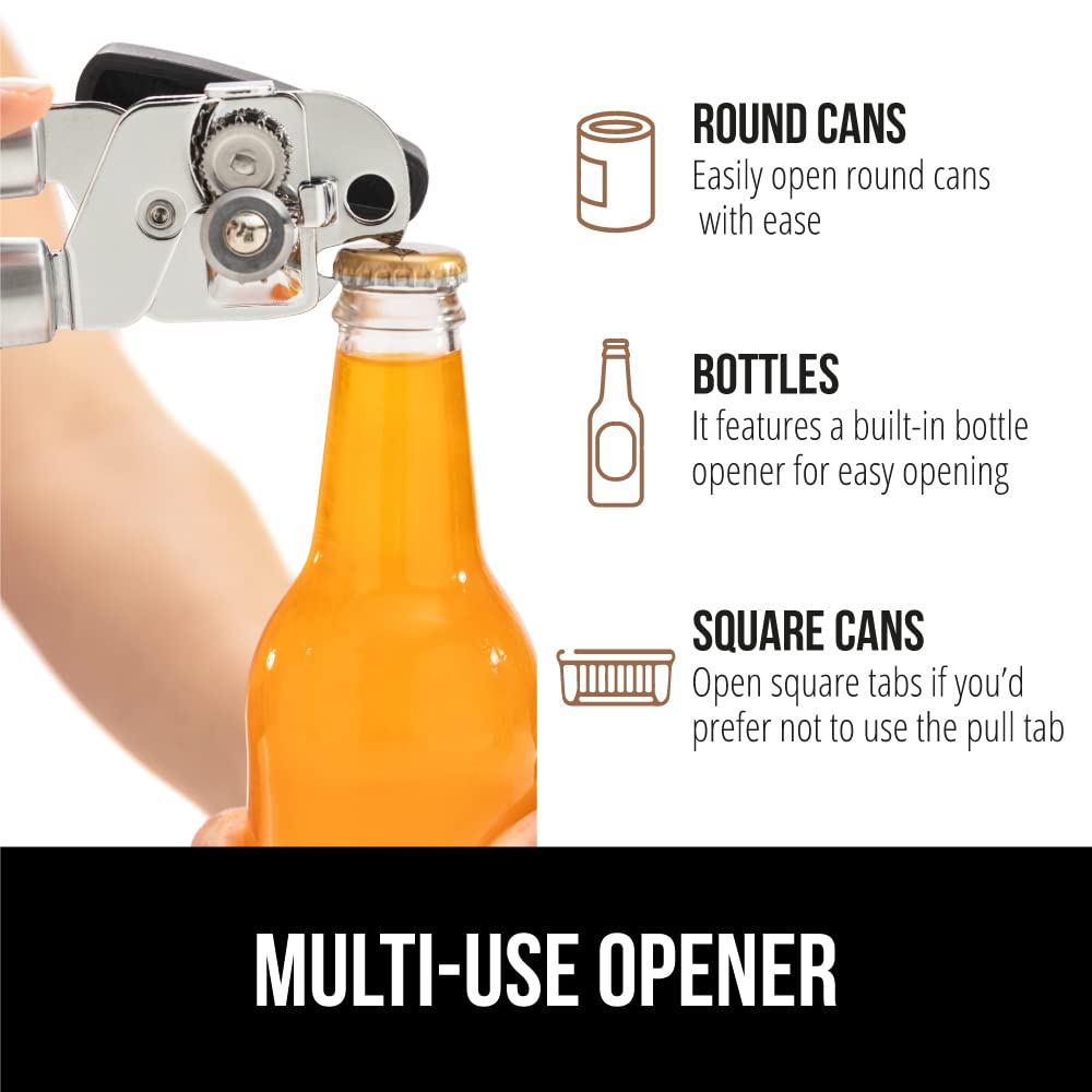 GORILLA GRIP Heavy Duty Stainless Steel Smooth Edge Manual Can Opener and Bottle Openers, Soft Comfortable Handle, Oversized Handheld Turn Knob, US Designed Multifunctional Kitchen Tool, Black