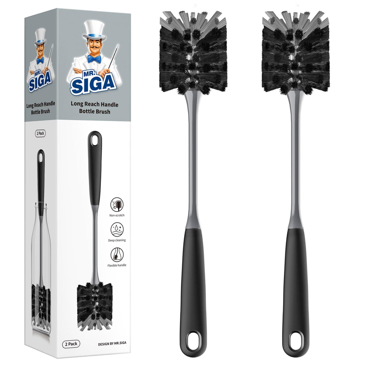 MR.SIGA Flaschenbürste mit langem Griff, flexible Reinigungsbürste für Wasserflaschen, Glaswaren, Tassen, Schwarz, 2 Stück