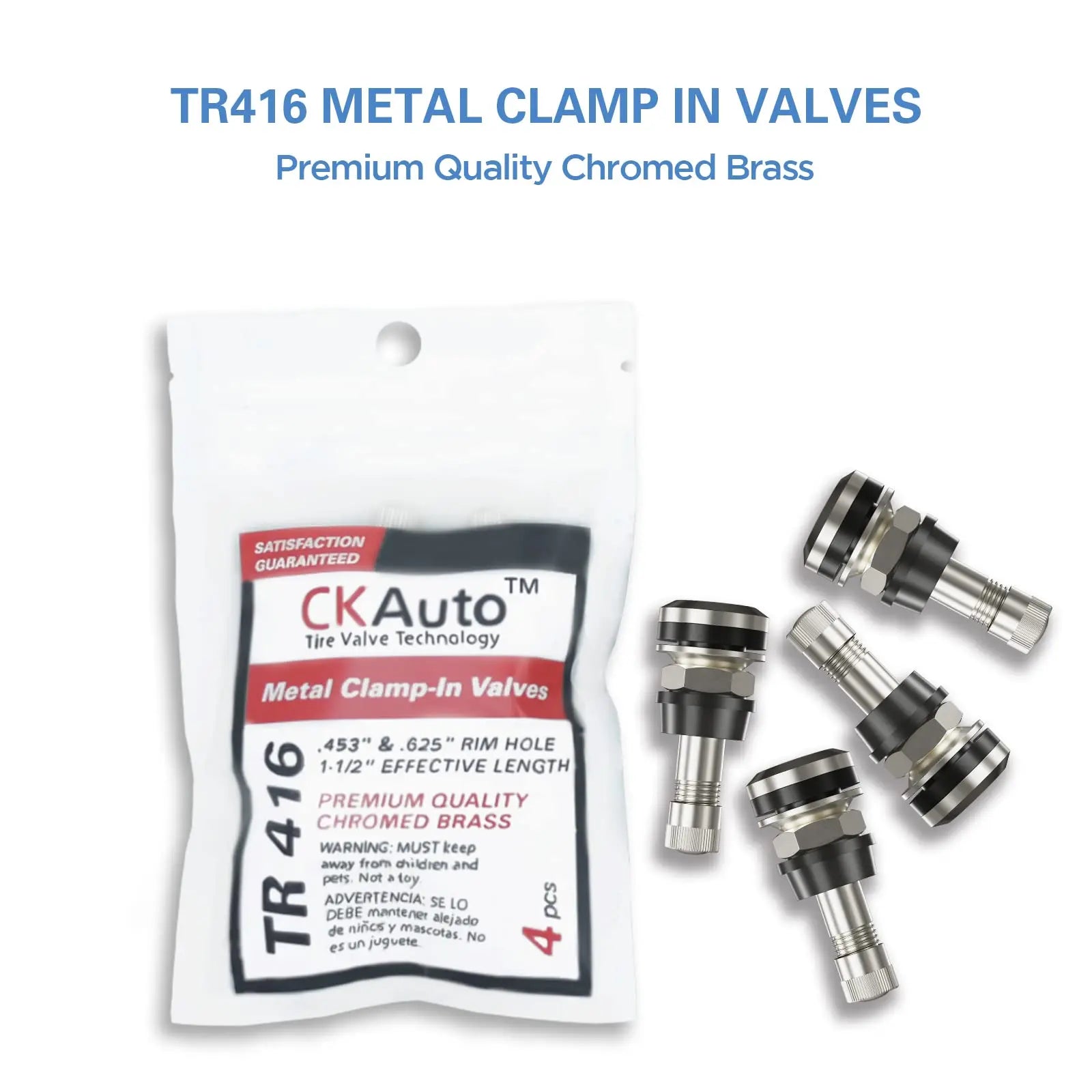 CKAuto 4 Pieces TR416 Metal Valve Stems Outer Mount Fits .453" & .625" Rim Holes Long 1 1/2", Silver